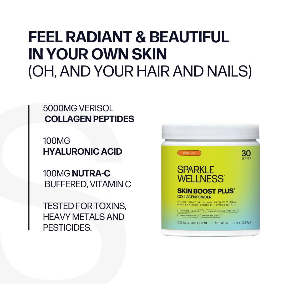 Sparkle Wellness Skin Boost Plus Verisol Collagen Peptides Protein Powder with Vitamin C - Orange Flavor Dietary Supplement (7.7 oz) for Glowing Skin & Joint Support | Perfect for Smoothies & Morning Routines