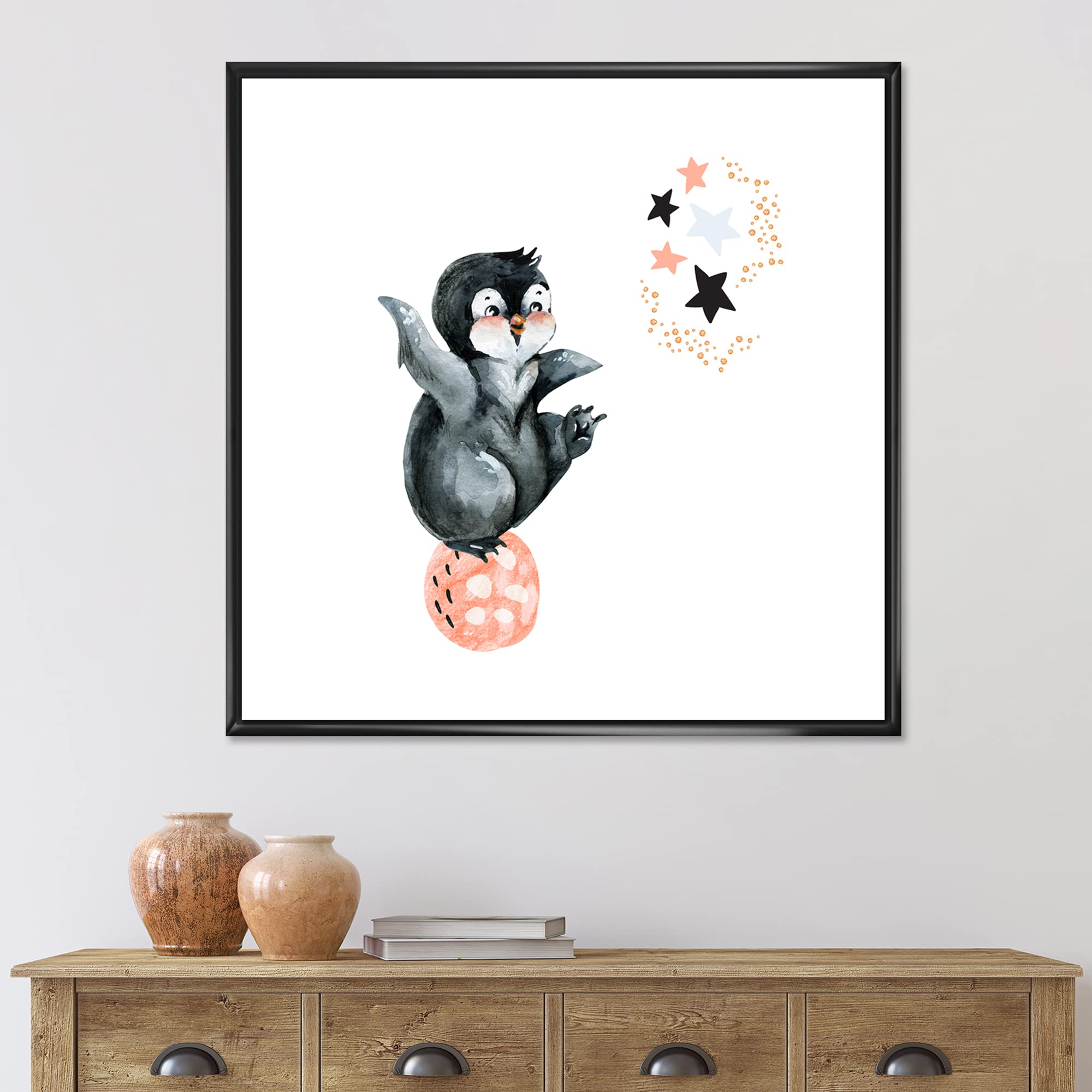 DesignQ Little Penguin with Stars and Planets II - Modern Farmhouse Framed Canvas Wall Art Print - Perfect for Nursery, Kids Room & Living Room Decor