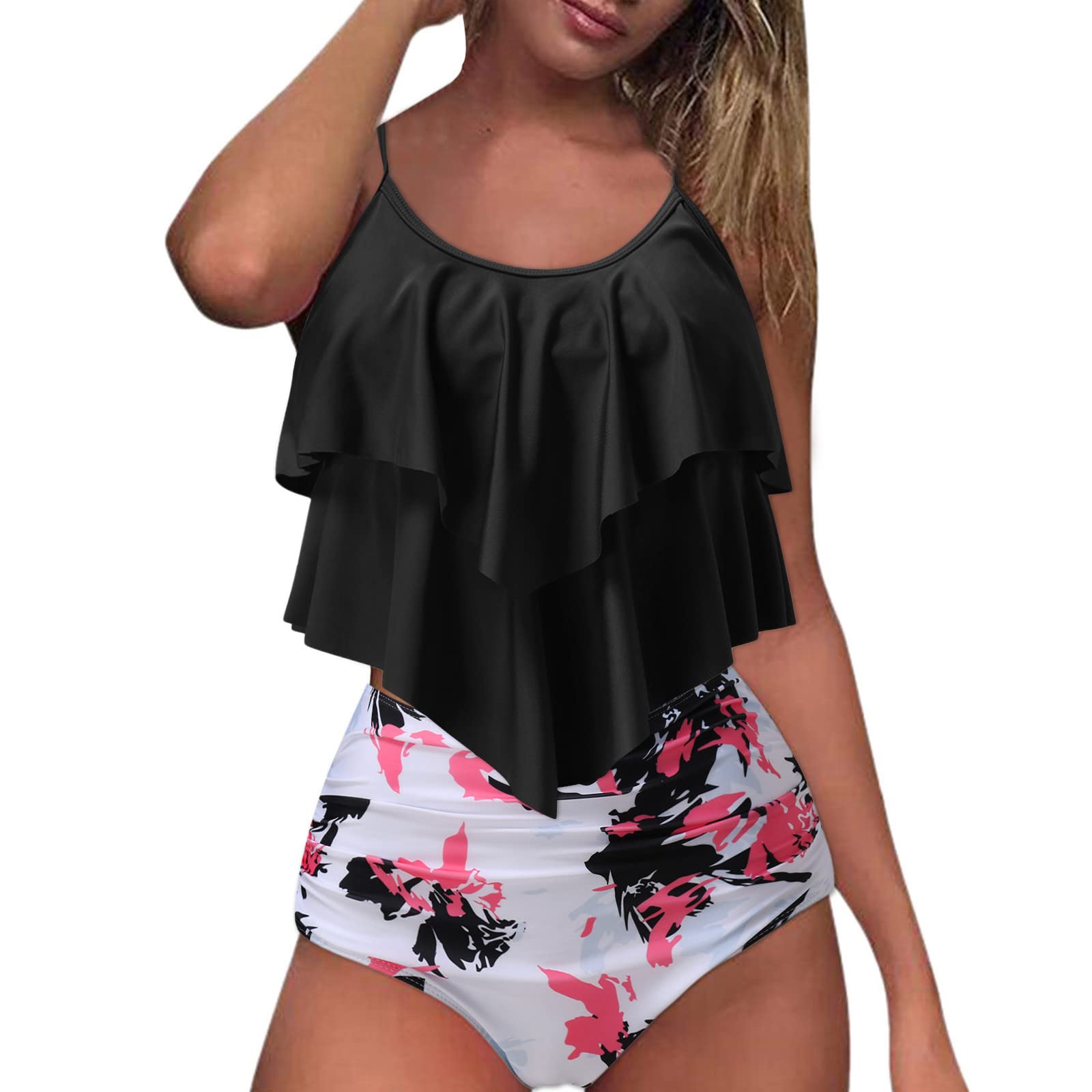 Women's Floral Tankini Swimsuit Two-Piece Set with Ruffle Detail & Tummy Control - High Waist Bikini for Beach, Pool & Summer Vacation
