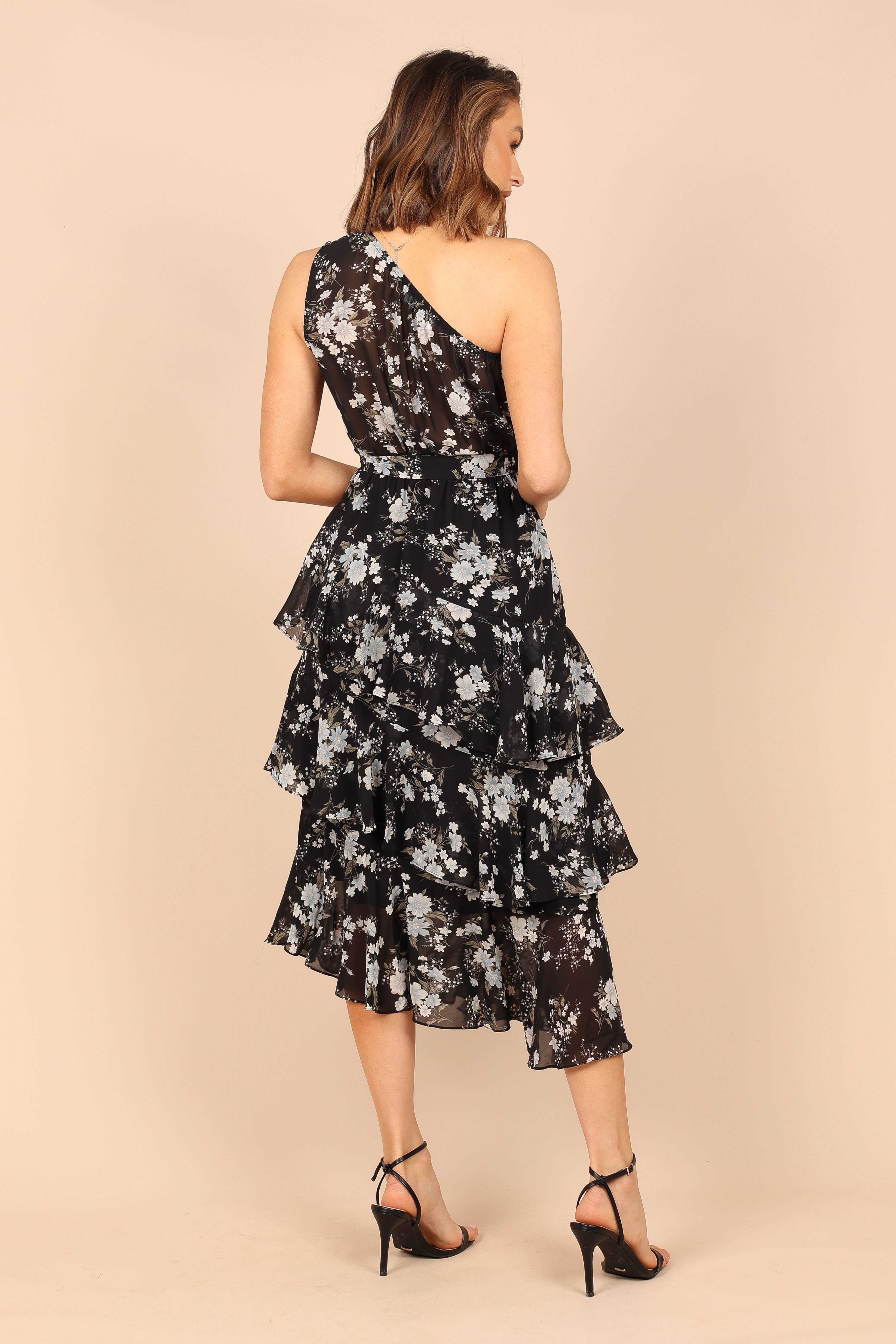 Brigette One Shoulder Tiered Midi Dress - Black Floral Print Summer Dress for Women | Perfect for Beach Vacations, Date Nights & Cocktail Parties
