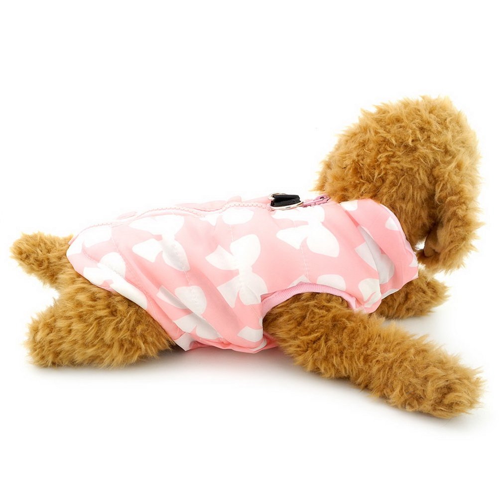 SELMAI Winter Dog Coat with Harness Hole - Pink Bow Print Small Dog Jacket for Cold Weather, Walking & Outdoor Activities