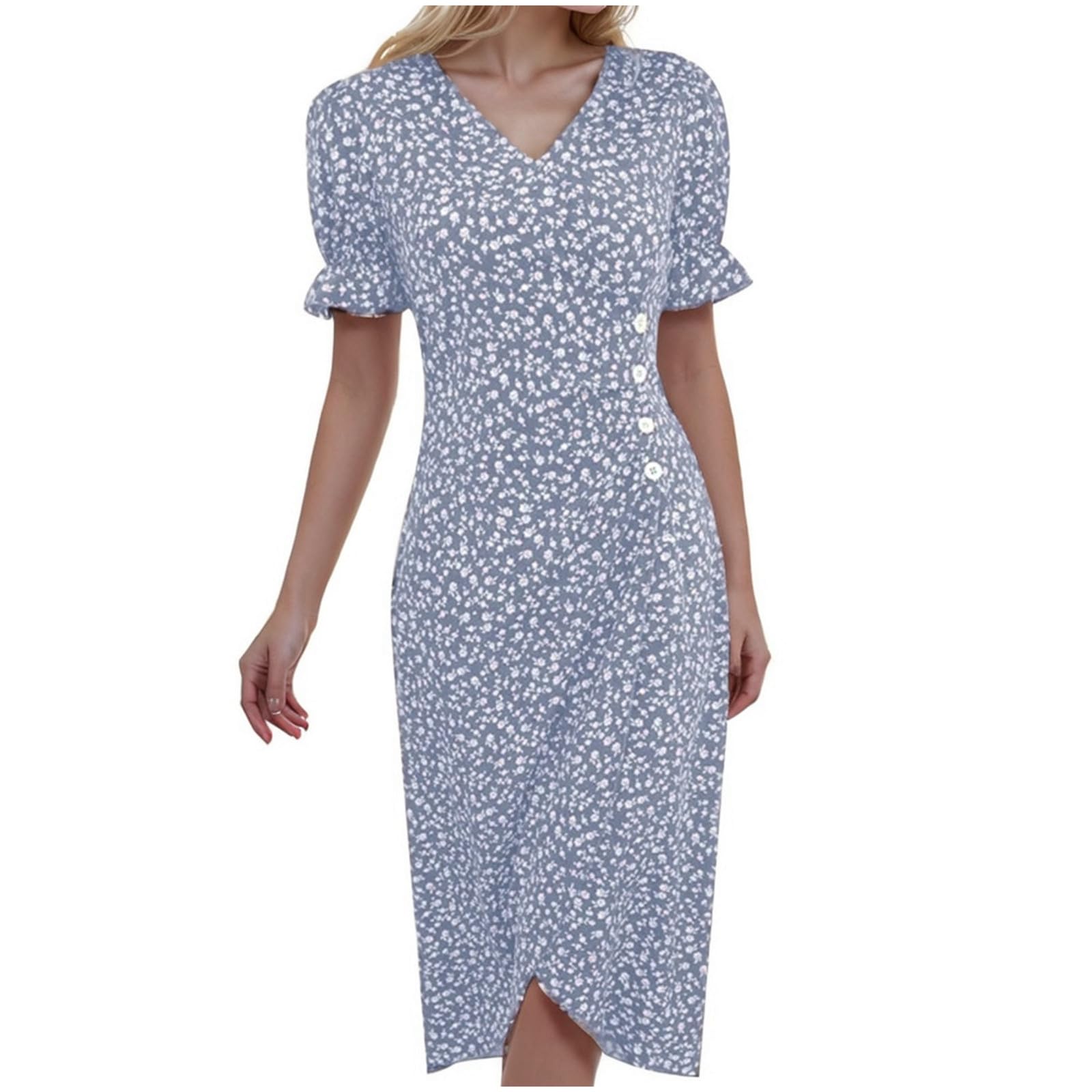 Women's Floral Print Midi Dress with Puffed Sleeves & V-Neck - Elegant Work to Casual Fall Dress for Office, Date Night & Autumn Outings