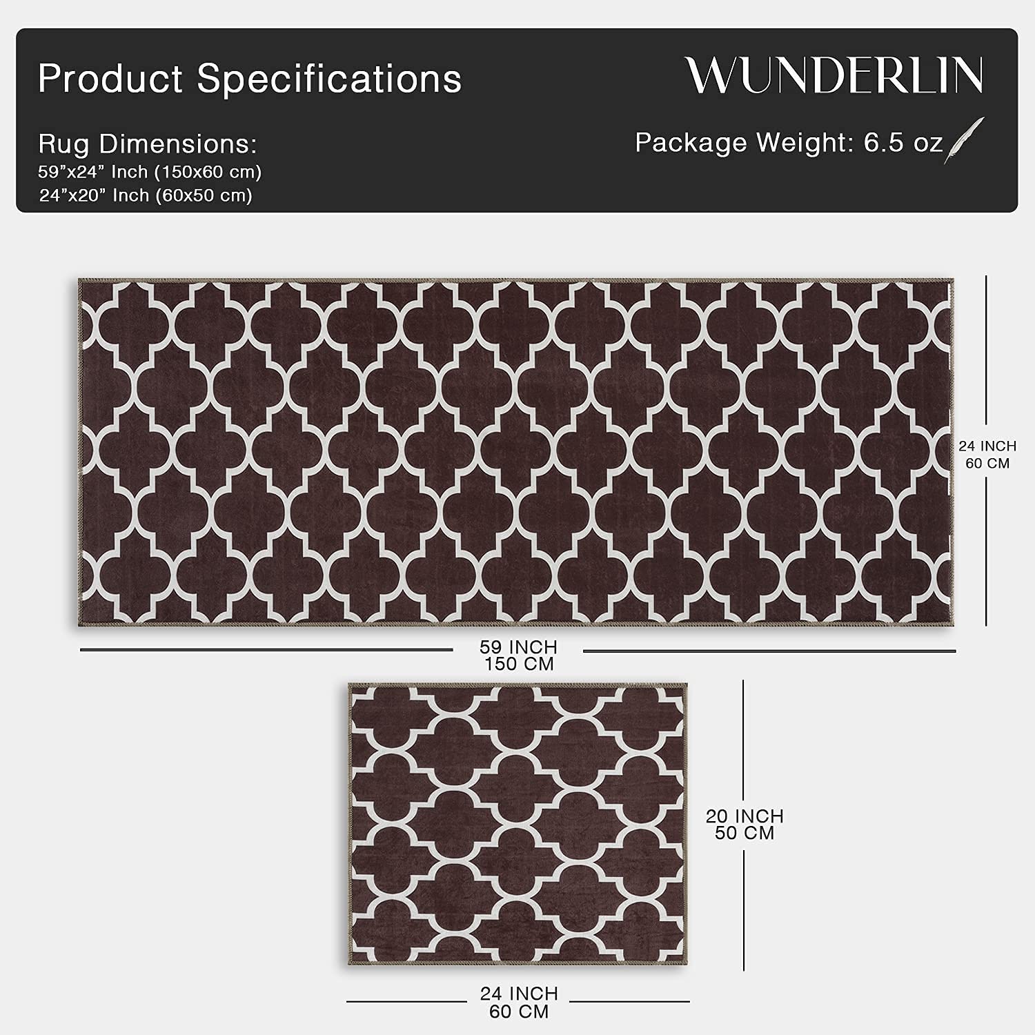 Wunderlin Non-Slip Washable Kitchen Runner Rugs Set of 2 - Brown Trellis Design Floor Mat for Kitchen, Dining Room & High Traffic Areas | Anti-Skid, Machine Washable, Durable Kitchen Carpet