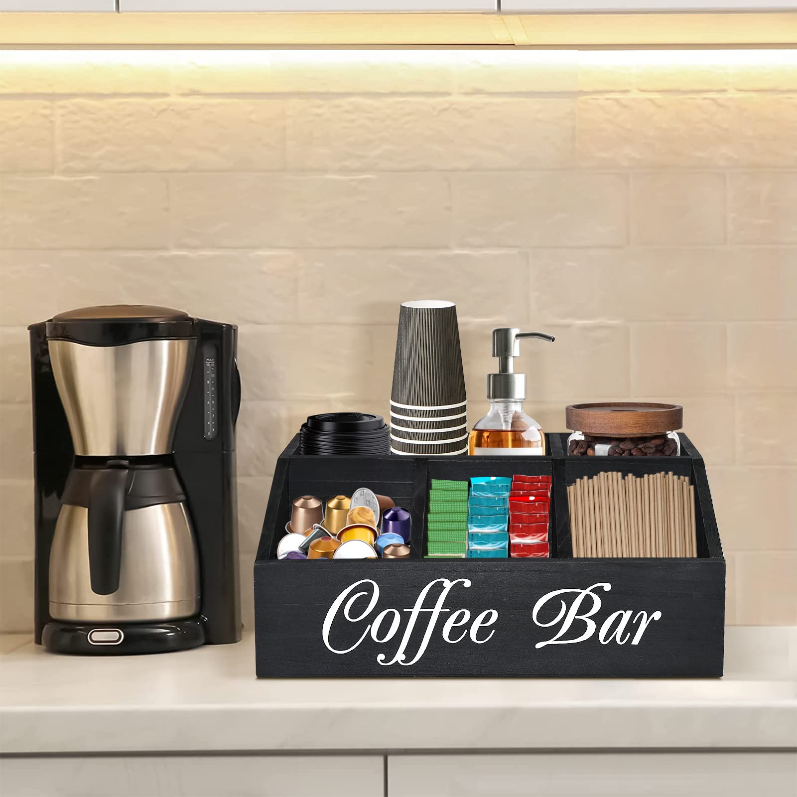 Wooden Coffee Station Organizer - Countertop Pods Holder & Tea Condiment Storage Basket - Coffee Bar Decor for Accessories - Perfect for Kitchen Counter & Home Coffee Bar Setup
