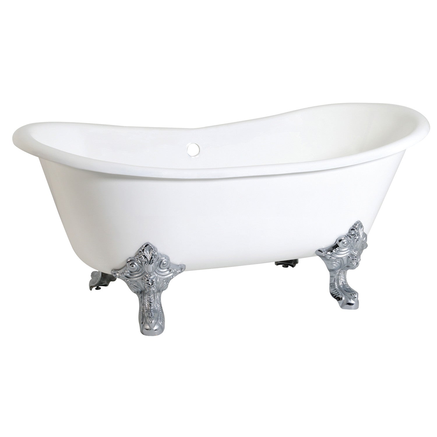 Aqua Eden 67 Inch White Cast Iron Clawfoot Bathtub - Vintage Oval Double Slipper Tub with Polished Chrome Feet (No Faucet Holes) | Freestanding Soaking Tub for Luxury Bathroom & Spa Relaxation