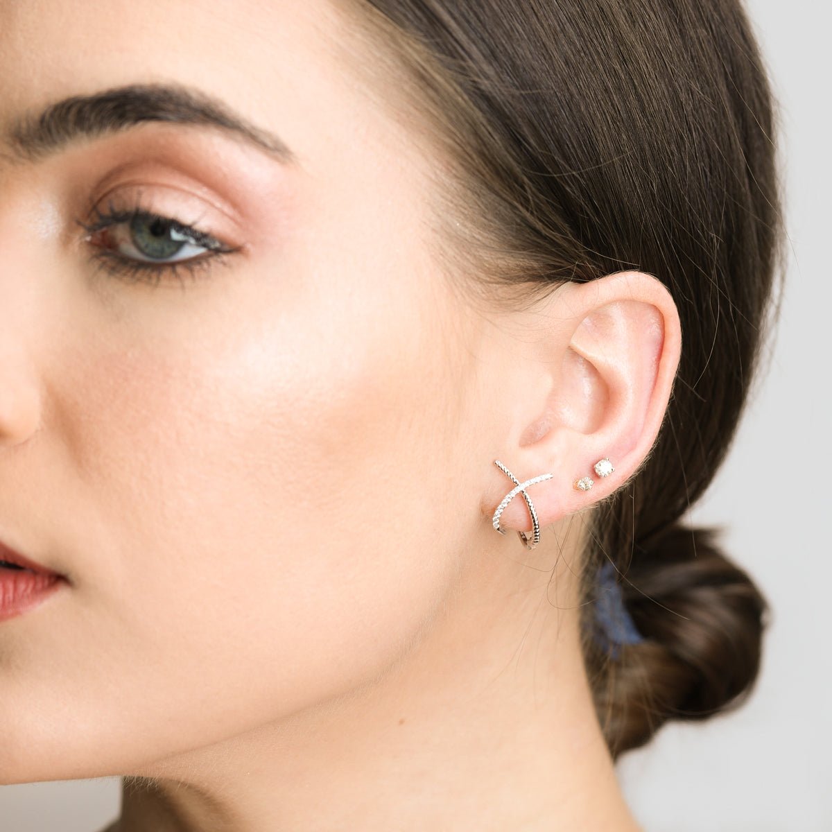 14K White Gold Interlocking Diamond Illusion Huggie Earrings - Elegant Everyday Hoop Earrings for Women, Perfect for Work, Date Night & Special Occasions