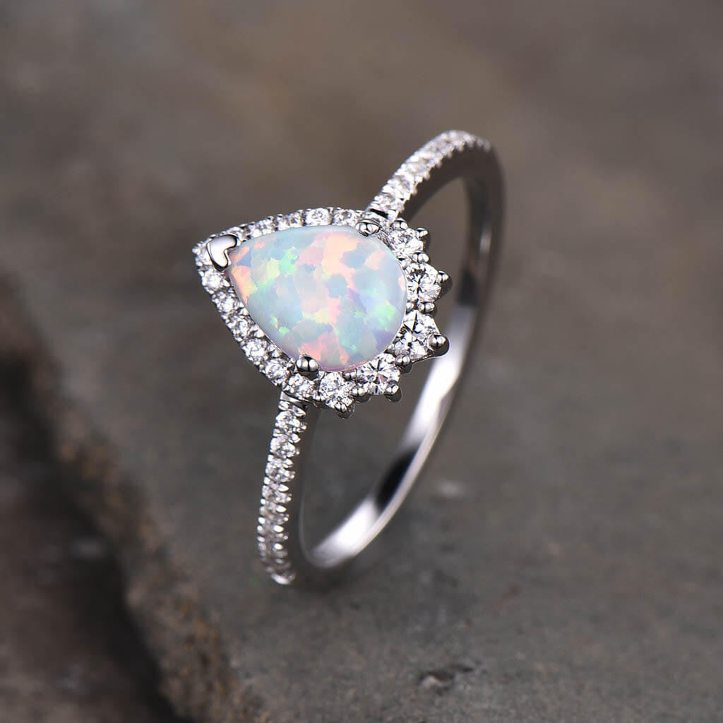 14K/18K Pear Shaped Vintage Opal Diamond Halo Engagement Ring in White Gold - Perfect for Proposals, Anniversaries & Special Occasions