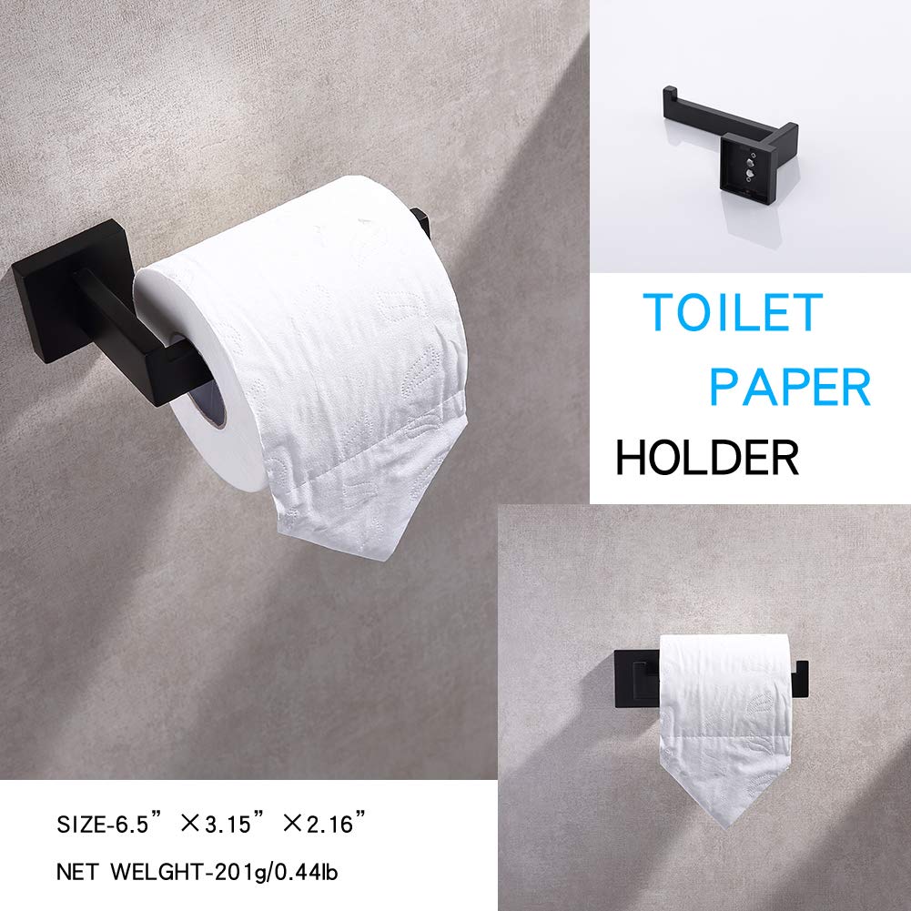 TASTOS 3-Piece Matte Black Bathroom Hardware Set - Premium Stainless Steel Wall Mounted Robe Hook, Toilet Paper Holder & 16-Inch Towel Bar - Modern Bathroom Accessories for Home & Hotel Use