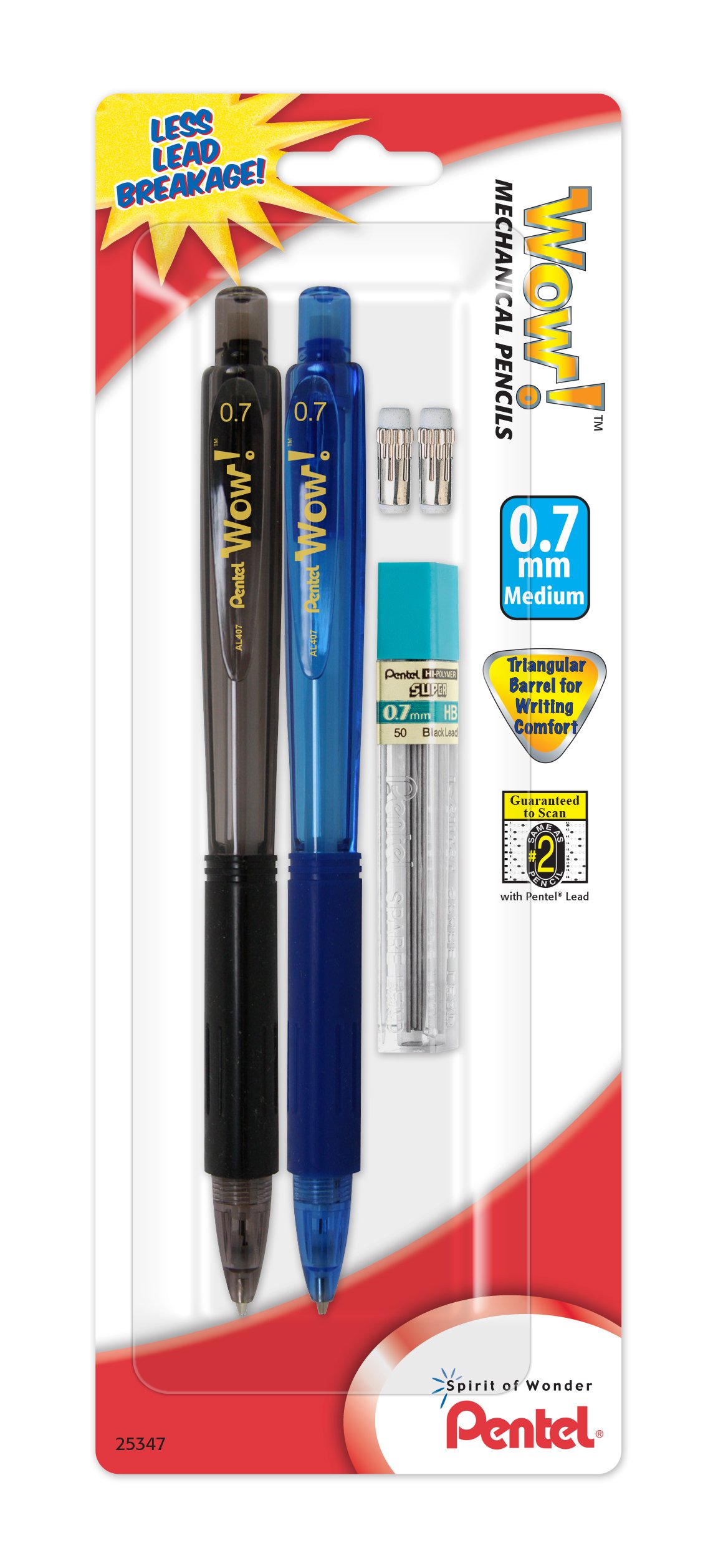 Pentel Wow 0.7mm Mechanical Pencil Set - 2 Pencils with Lead & Erasers for School & Office