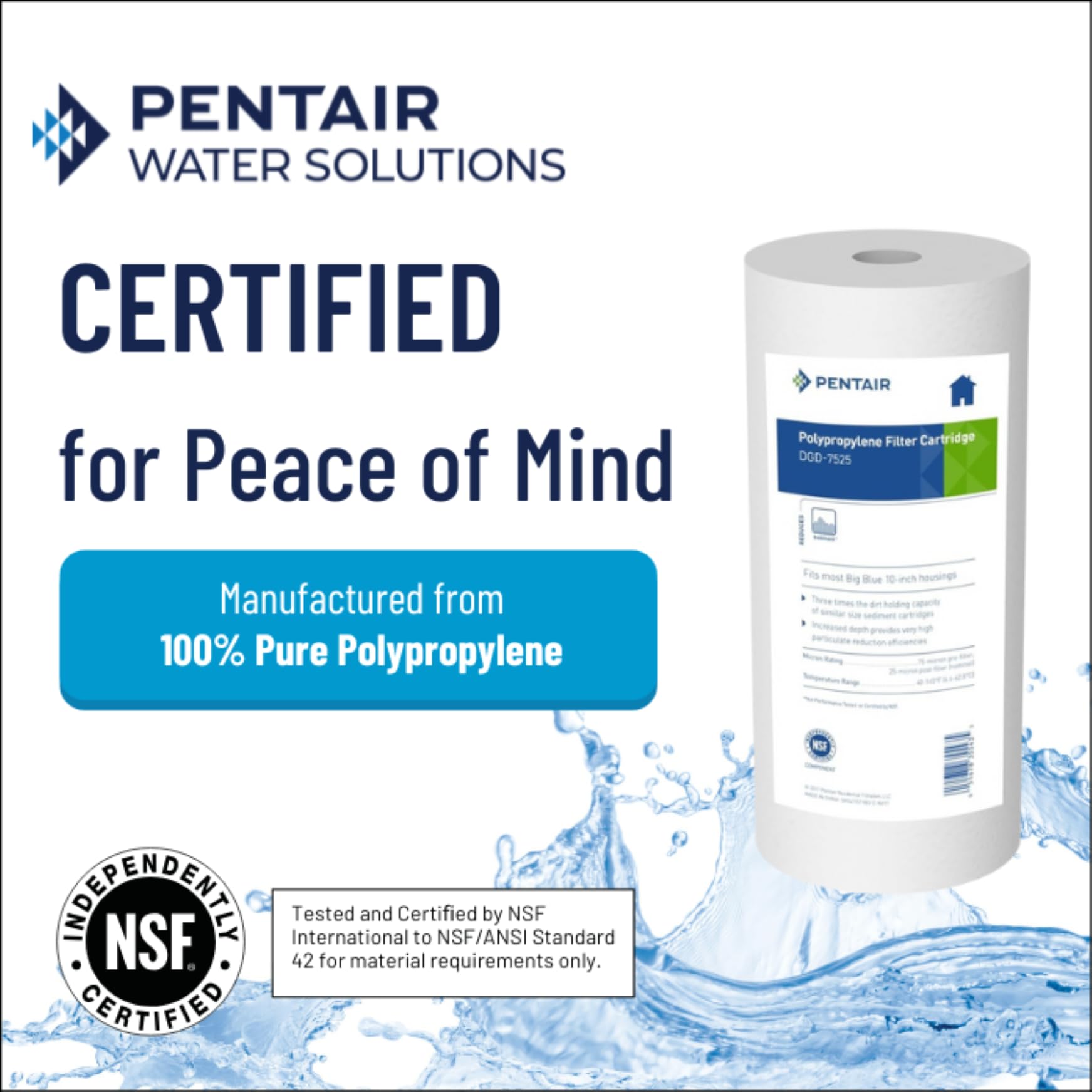 Pentair Pentek DGD-7525 Big Blue 10-Inch Whole House Water Filter Cartridge - 25 Micron Dual-Gradient Density Spun Polypropylene Sediment Filter Replacement (10