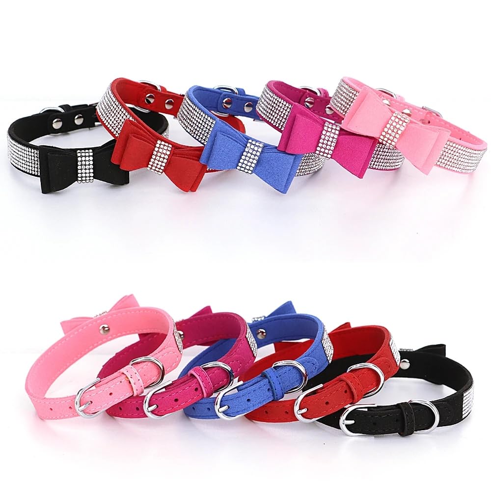 Sparkly Dark Blue Rhinestone Dog Collar with Bow - Adjustable Bling Pet Collar for Small Dogs, Puppies & Kittens - Perfect for Yorkie, Chihuahua & Female Cats - Elegant Jewelry Collar for Parties, Photos & Special Occasions