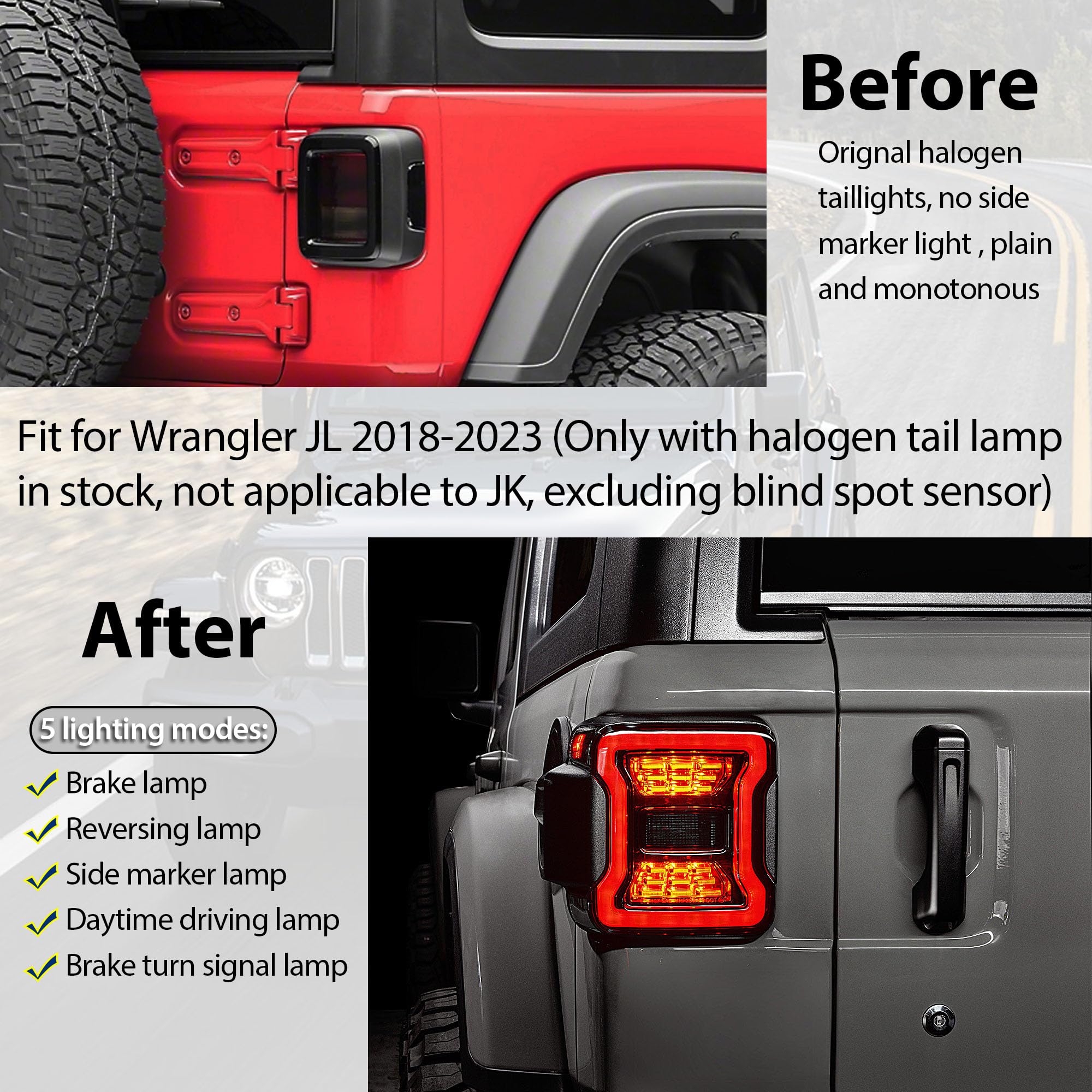 LED Tail Lights for Jeep Wrangler JL (2018-2025) - Smoked Lens Brake, Reverse, Turn Signal & Running Lights with Side Marker - Durable Replacement Accessories for Off-Road & Night Driving