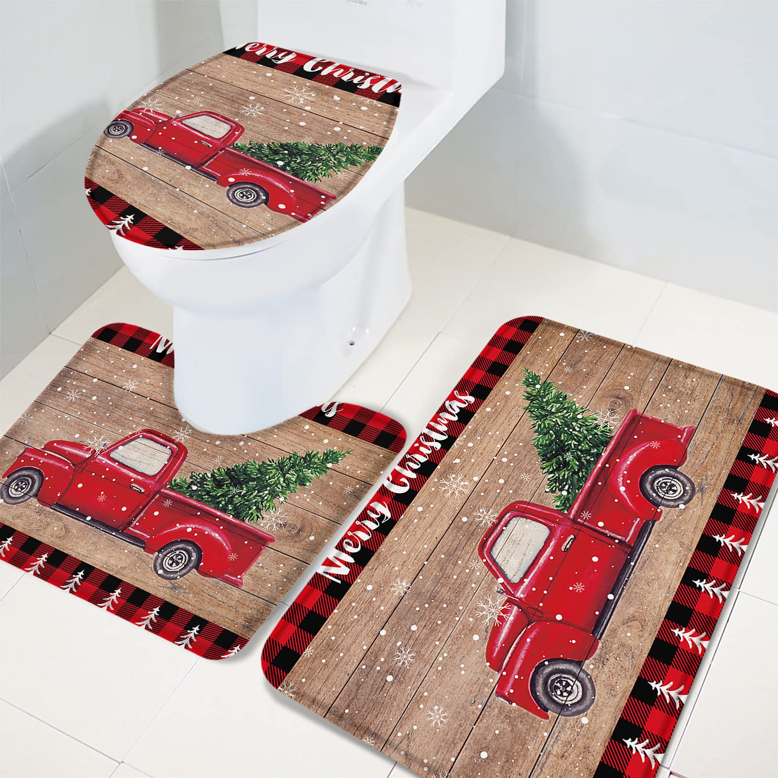 3-Piece Non-Slip Christmas Red Truck Bathroom Rug Set with Rubber Backing - Pine Tree & Wooden Plank Decor for Kids Bathroom - Perfect for Holiday Home Decor & Cozy Winter Bathroom Makeover
