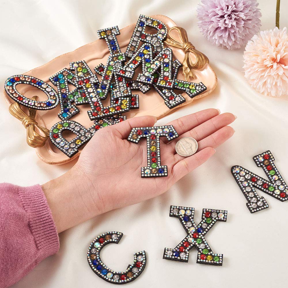 26pcs Rhinestone Letter A-Z Sew On/Iron On Alphabet Patches - DIY Garment Embellishments for Jackets, Jeans, Hats & Costumes - Sparkling Clothes Decor & Fashion Accessories (Perfect for Customizing Denim, Party Outfits & Biker Jackets)