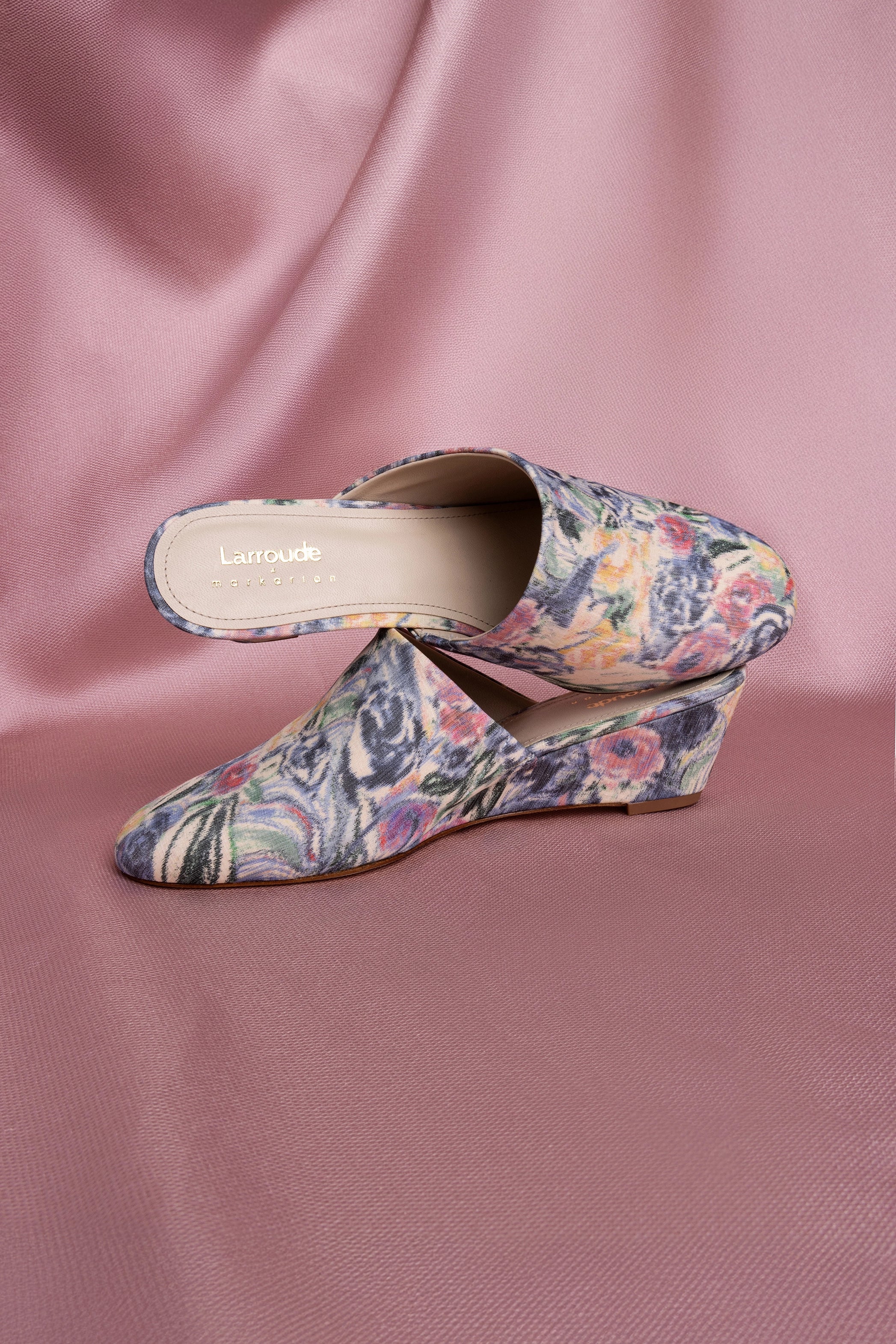 Larroudé x Markarian Venice Wedge Sandals in Ash Blue Floral Print - Women's Summer Wedge Shoes for Beach Vacation & Outdoor Date Night