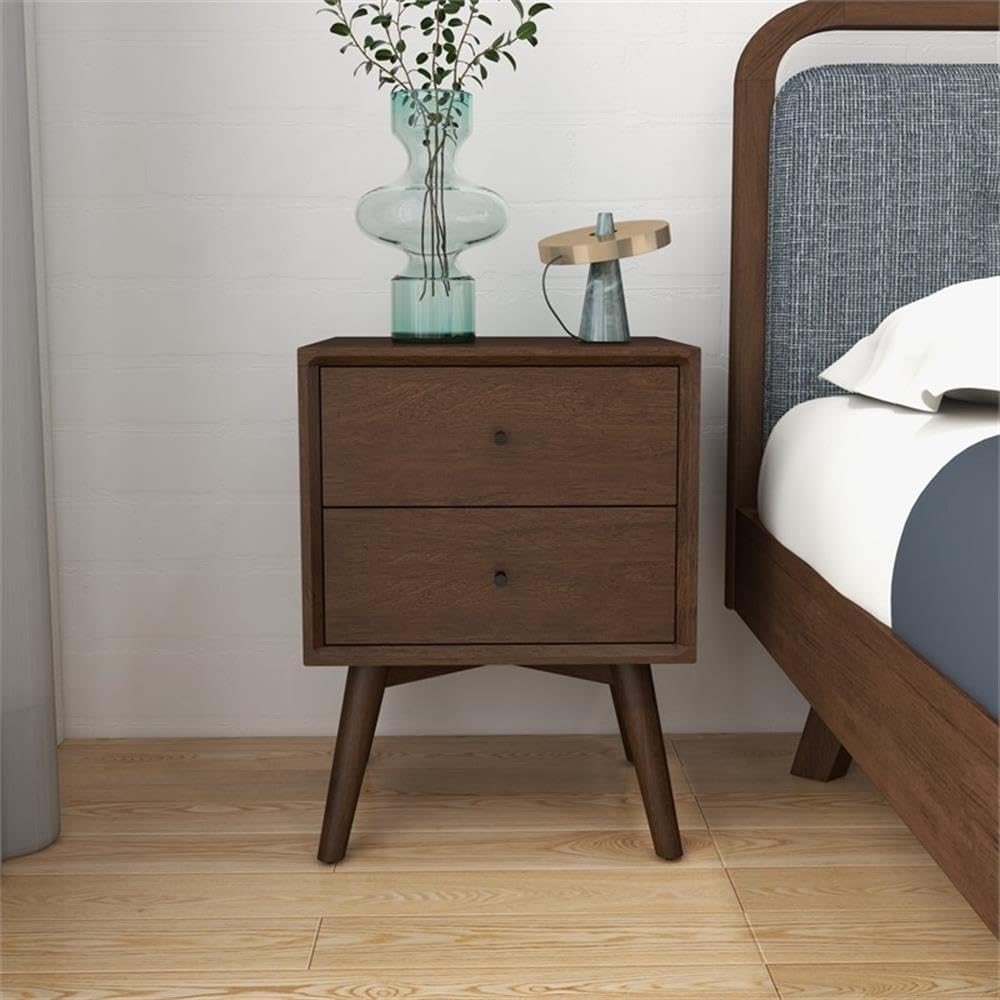 Allora Mid-Century Modern Solid Wood 2-Drawer Nightstand - Brown Finish Bedside Table for Bedroom, Living Room & Guest Room Storage