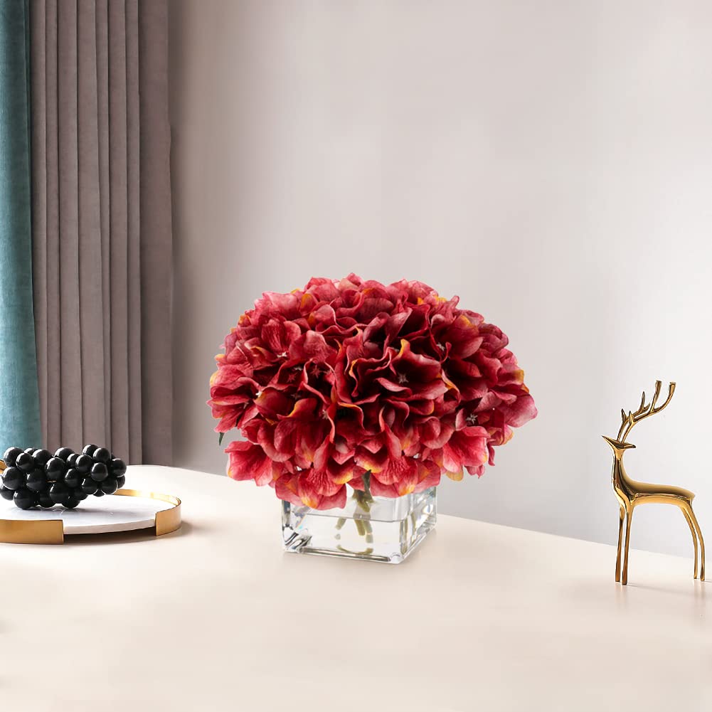 ENOVA FLORAL Artificial Silk Hydrangea Flowers in Vase with Faux Water - Fuchsia Fake Floral Arrangement for Home Decor, Dining Table Centerpiece, Wedding & Event Decoration - Perfect for Living Room, Office, and Party Decor