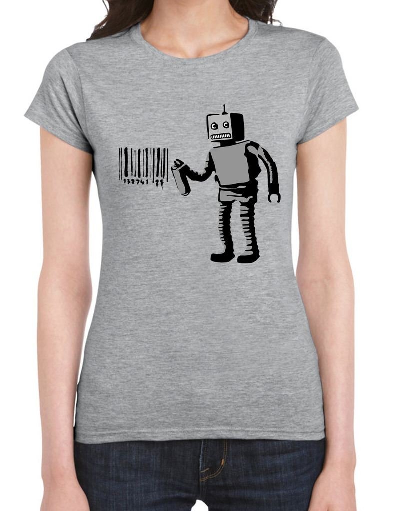 Banksy Robot Barcode Women's T-Shirt | Unique Tribal Graphic Tee | Street Art Fashion | Perfect for Casual Wear, Music Festivals & Urban Street Style