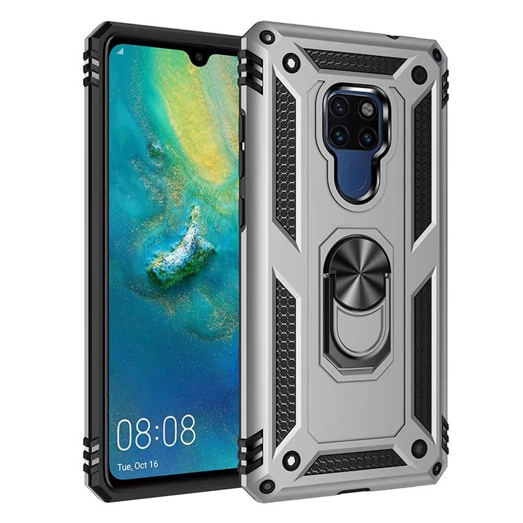 Shockproof Dual Layer Hybrid Armor Case for Huawei Mate 20 - Heavy Duty Protection with 360° Rotating Metal Ring Stand & Magnetic Car Mount Compatibility (Silver) | Perfect for Work, Travel & Everyday Use