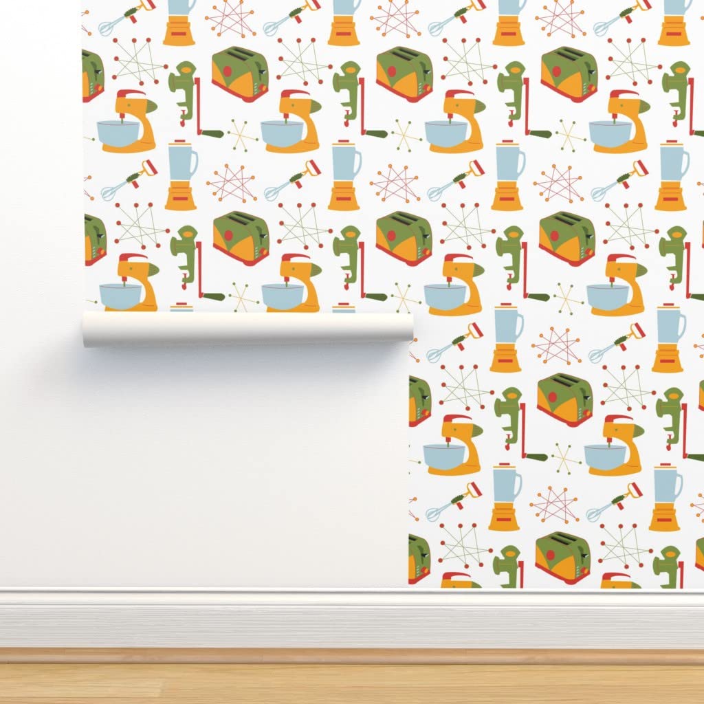 Removable Wallpaper Swatch - Retro Midcentury Vintage Kitchen Wallpaper in Green, Gold & Red | Pre-Pasted Peel & Stick Wallpaper by Spoonflower | Perfect for Kitchen Backsplash, Accent Walls & Home Decor