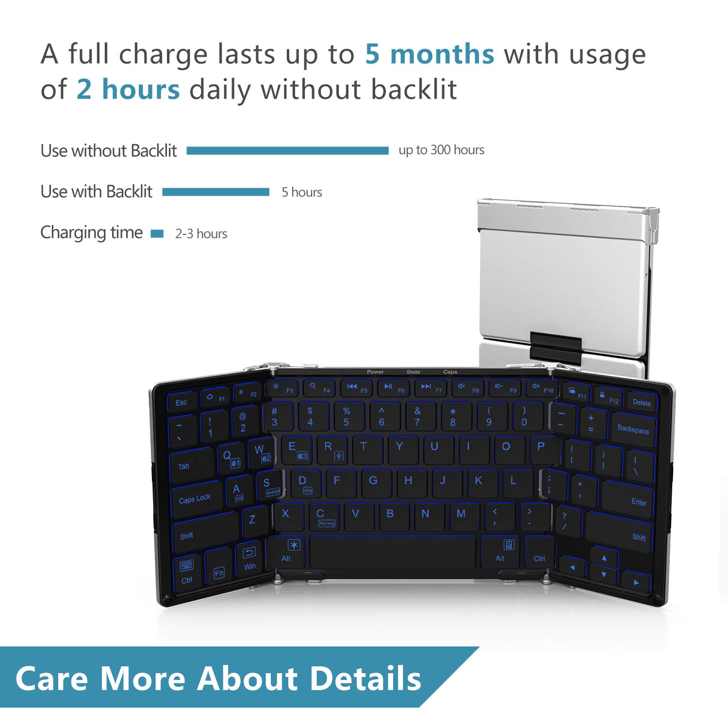 iClever BK05 Bluetooth 5.1 Keyboard - 3-Color Backlit, Foldable, Multi-Device Compatible with iOS/Android/Windows - Aluminum Alloy Base for Tablets, Smartphones, Laptops & PC | Perfect for Travel, Office & Home Use