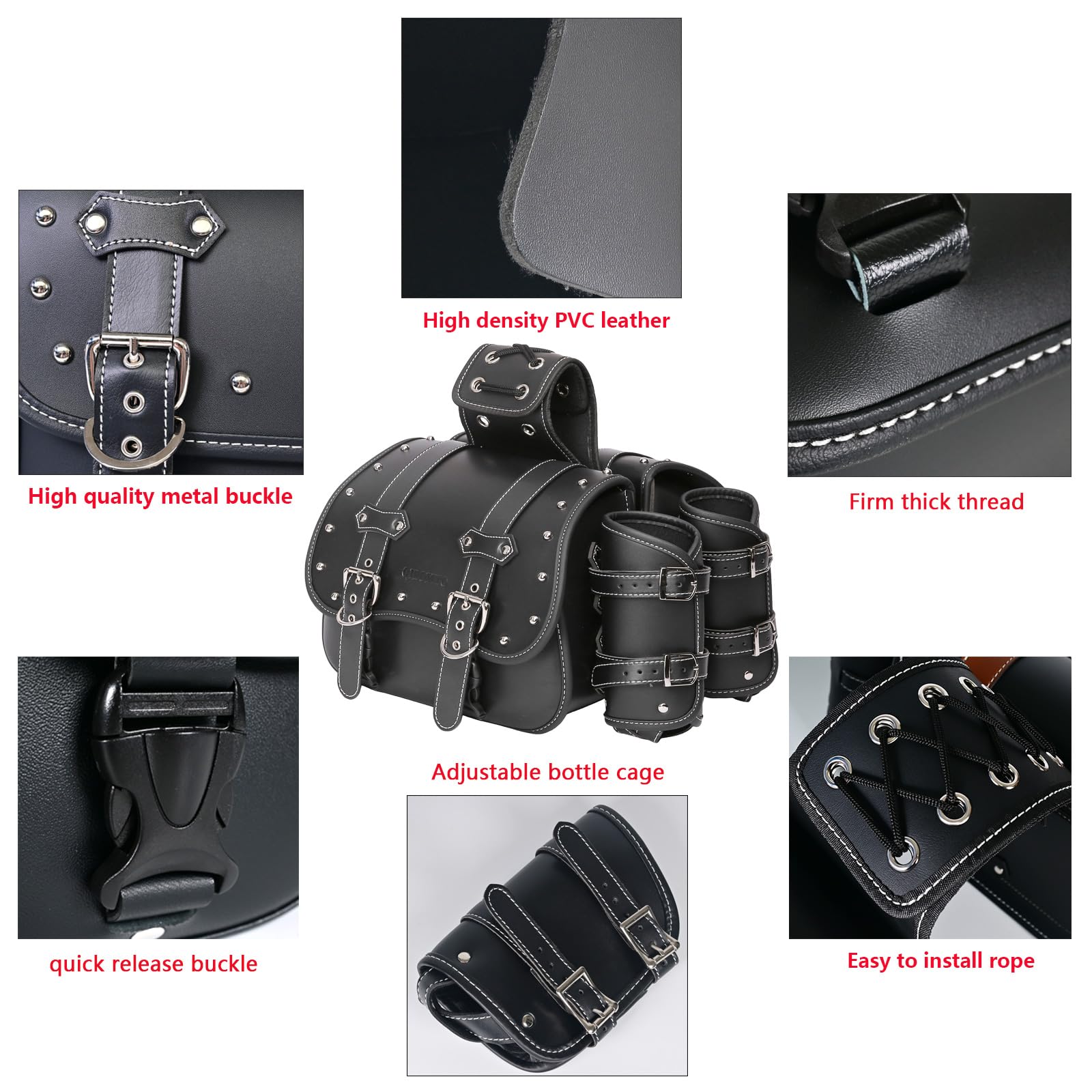 Premium High-Density Leather Motorcycle Saddlebags - Waterproof Throw Over Panniers with Cup Holder & Side Tool Bag (1 Pair, Black) - Universal Fit for Harley, Cruiser & Touring Bikes - Ideal for Road Trips, Commuting & Adventure Riding
