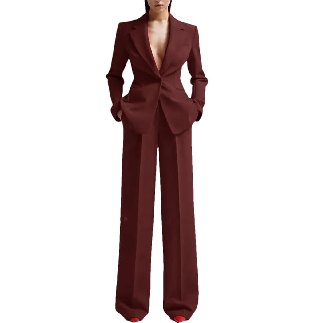 Women's Business Casual Suit Set - Long Sleeve Blazer Jacket & Wide Leg Pants Two Piece Outfit for Office Work, Professional Meetings & Formal Events