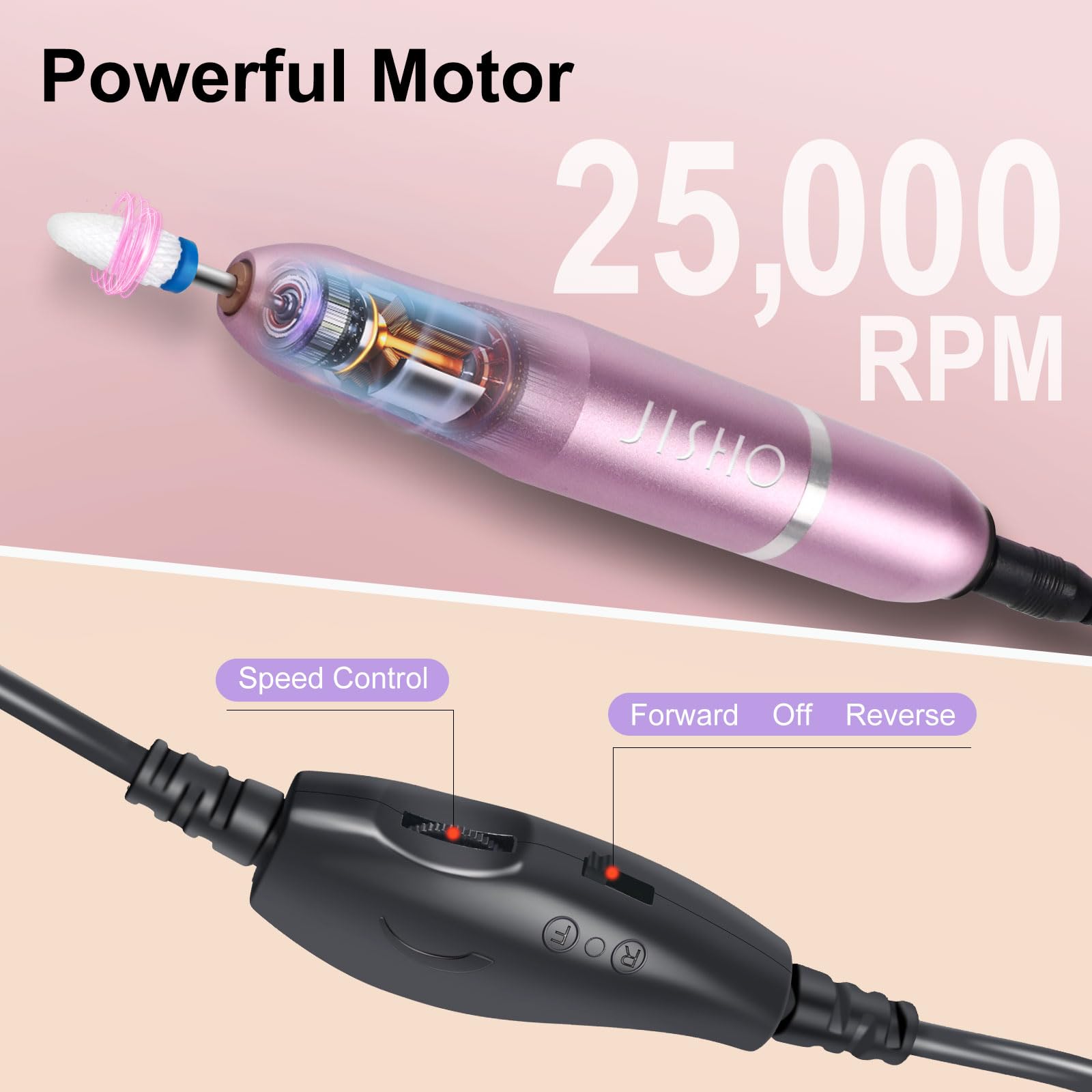 JISHO Professional Electric Nail Drill Machine - 25000 RPM Adjustable Portable Nail File with Ceramic Bits for Acrylic Nails, Manicure & Pedicure - Perfect for Home Salon, Nail Artists & Beginners (Gray)