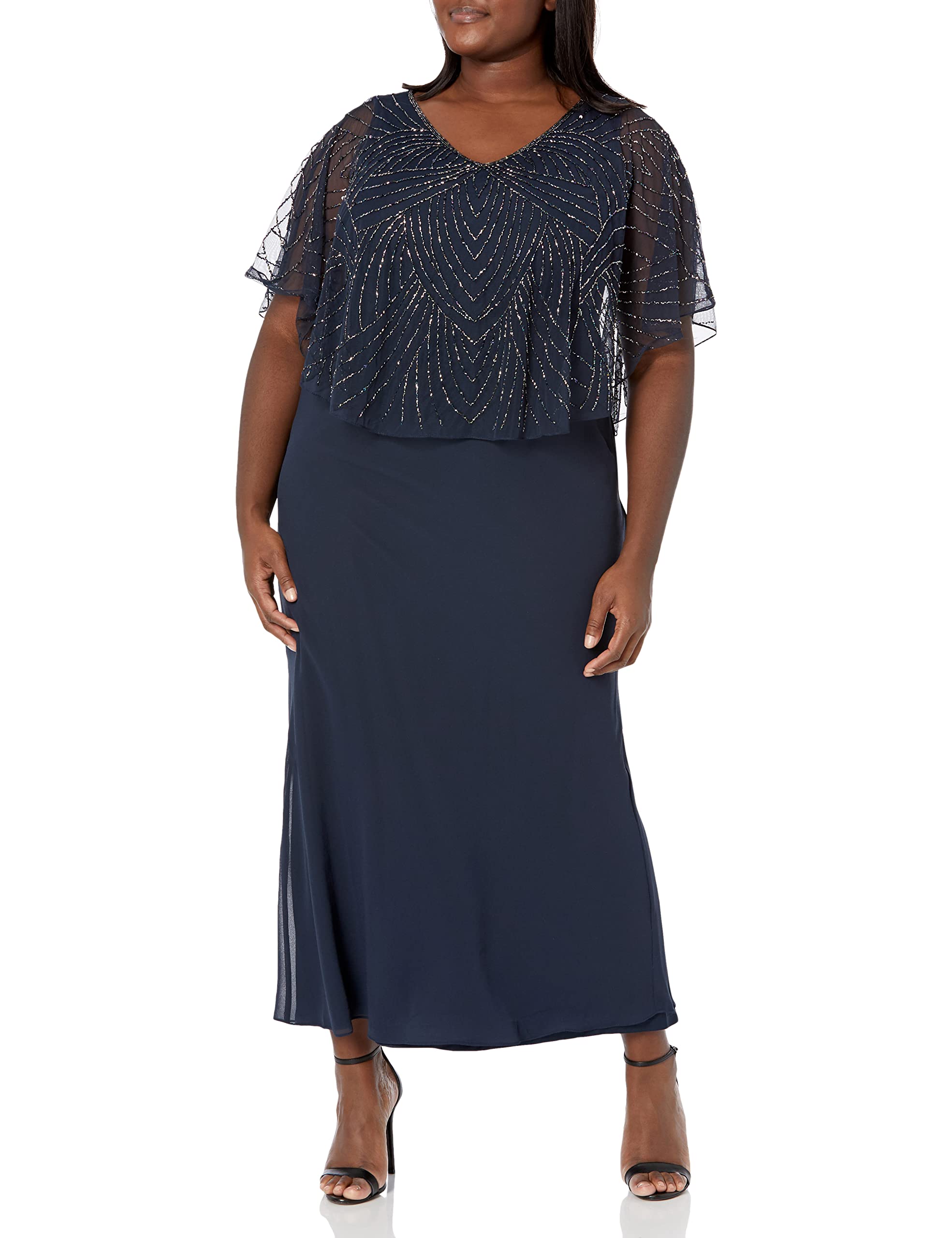 J Kara Women's Plus Size Beaded Capelet Long Dress - Elegant Formal Gown for Weddings, Parties & Special Occasions