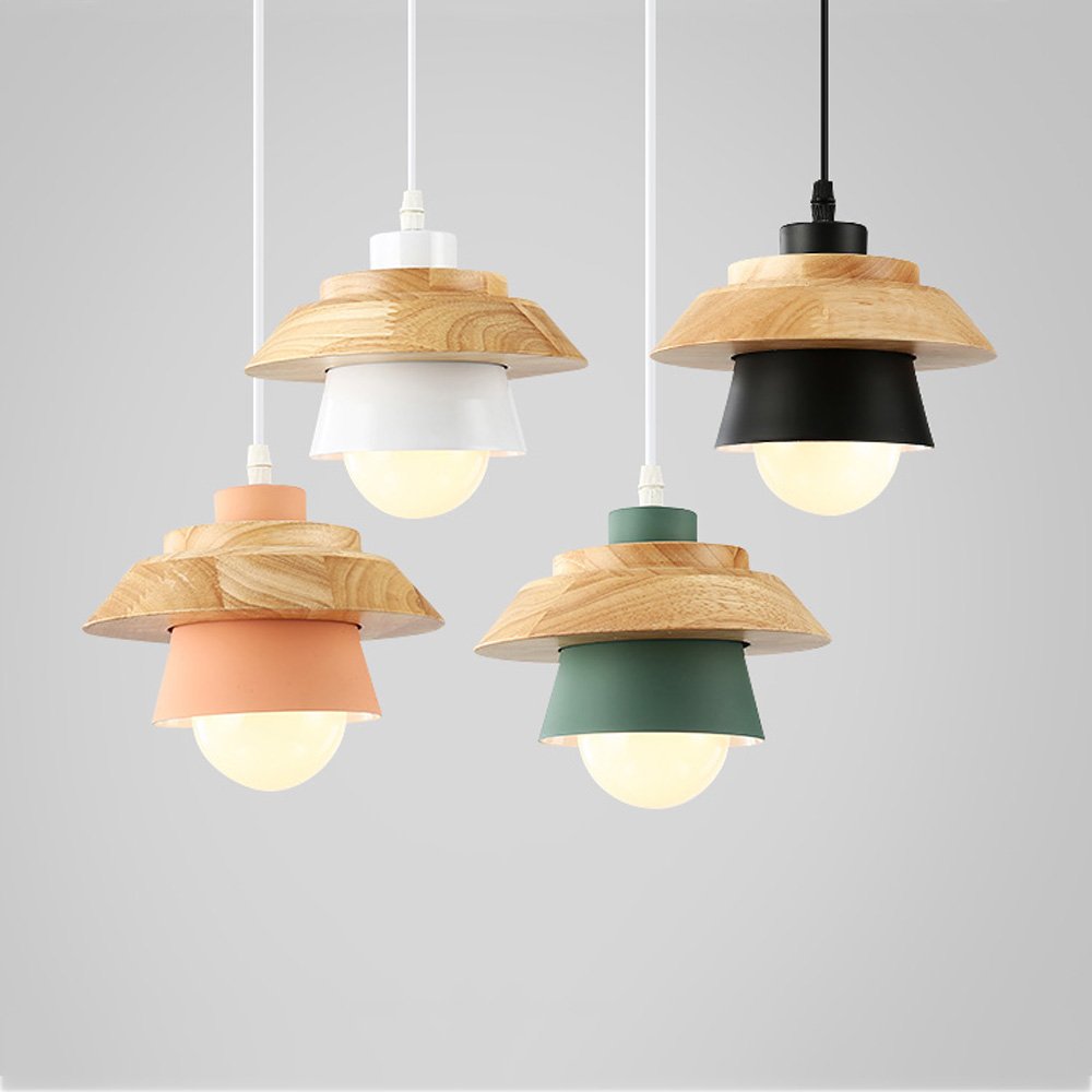 Modern Nordic Iron & Wood Chandelier - Single Head LED Pendant Light in Black, White, Pink, Green - Minimalist Ceiling Lamp for Bedroom, Restaurant & Living Room Decor (White)