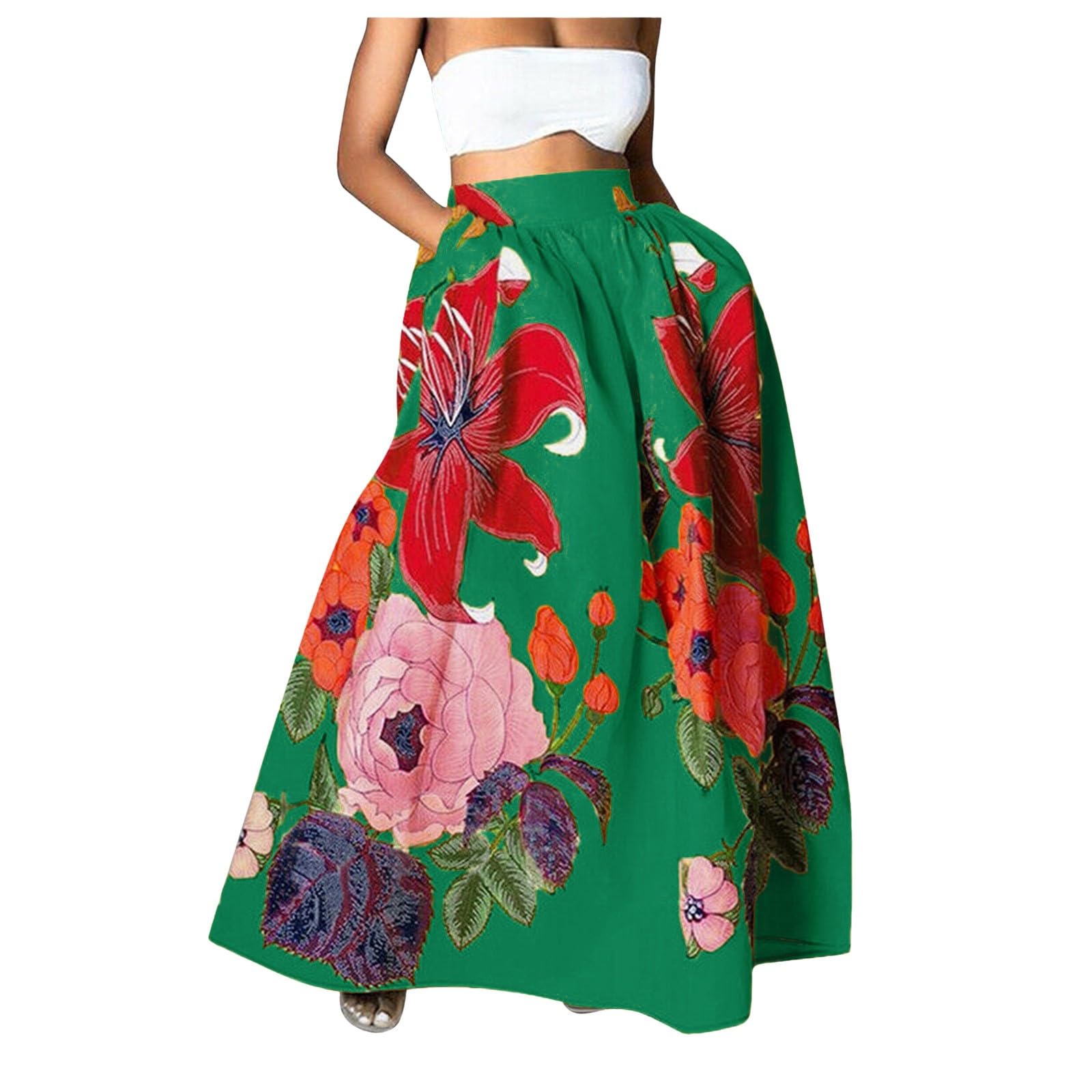 Bohemian Floral Print Maxi Skirt for Women - High Waist A-Line Long Skirt with Pockets for Beach, Party, Travel & Casual Wear | Flowy Summer Skirt for Outdoor Festivals & Vacation Outfits