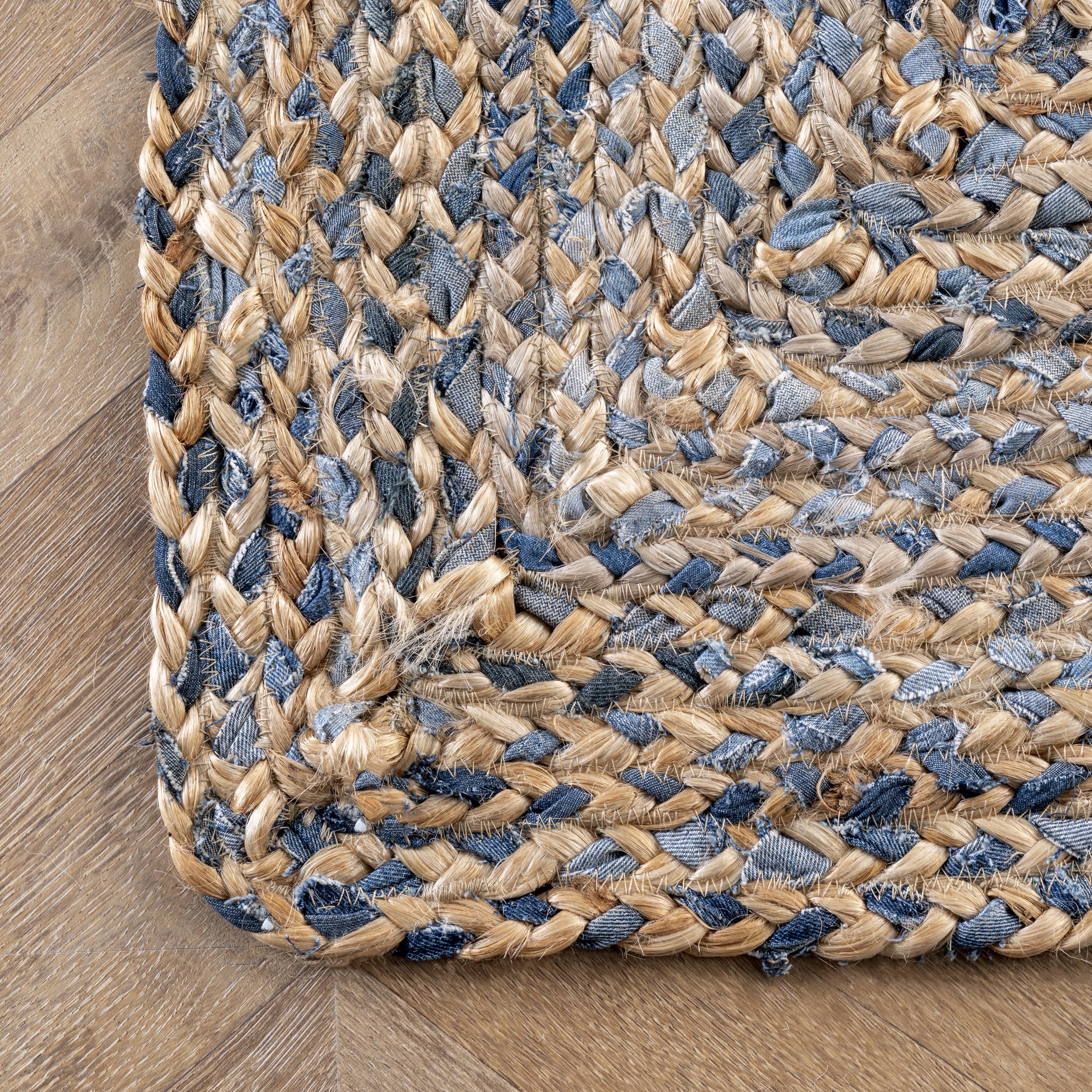 nuLOOM Eliz Striped 6'x6' Square Jute Area Rug - Blue & Natural Neutral Woven Rug for Dining Room, Living Room & Kitchen - Perfect for Farmhouse, Coastal & Boho Decor Styles