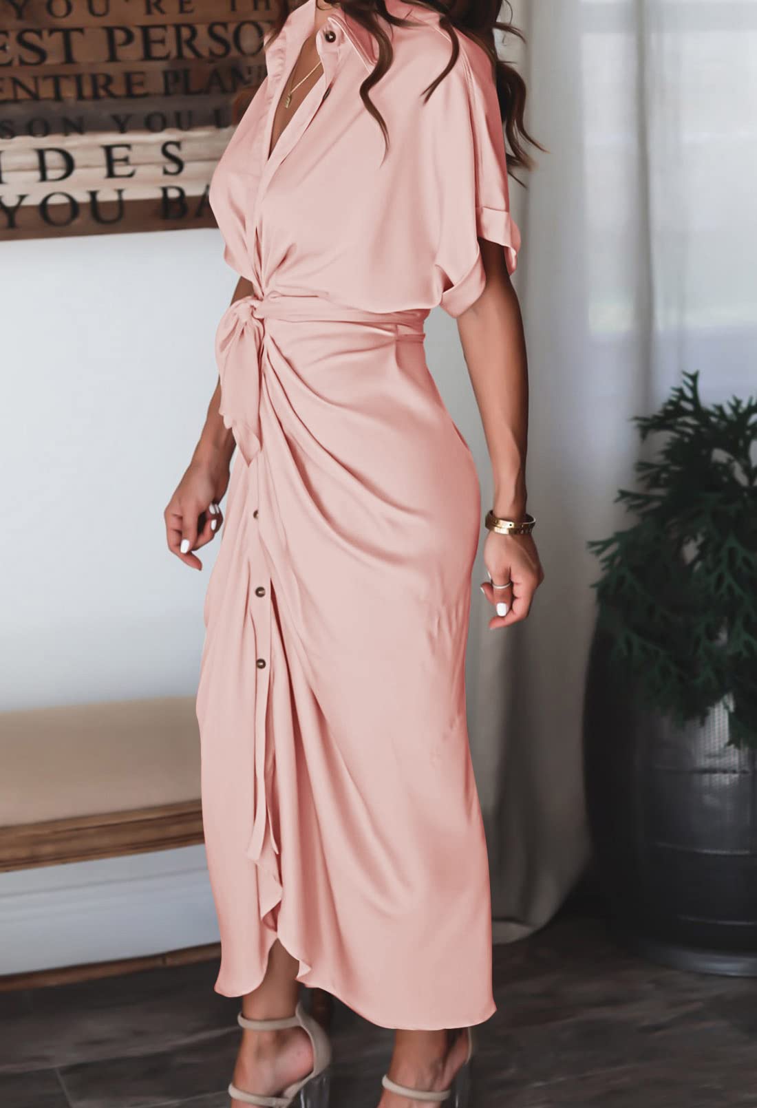 Elegant Women's Satin Button Down Short Sleeve Maxi Shirt Dress with Belt - Perfect for Summer Outings, Beach Vacations & Casual Office Wear