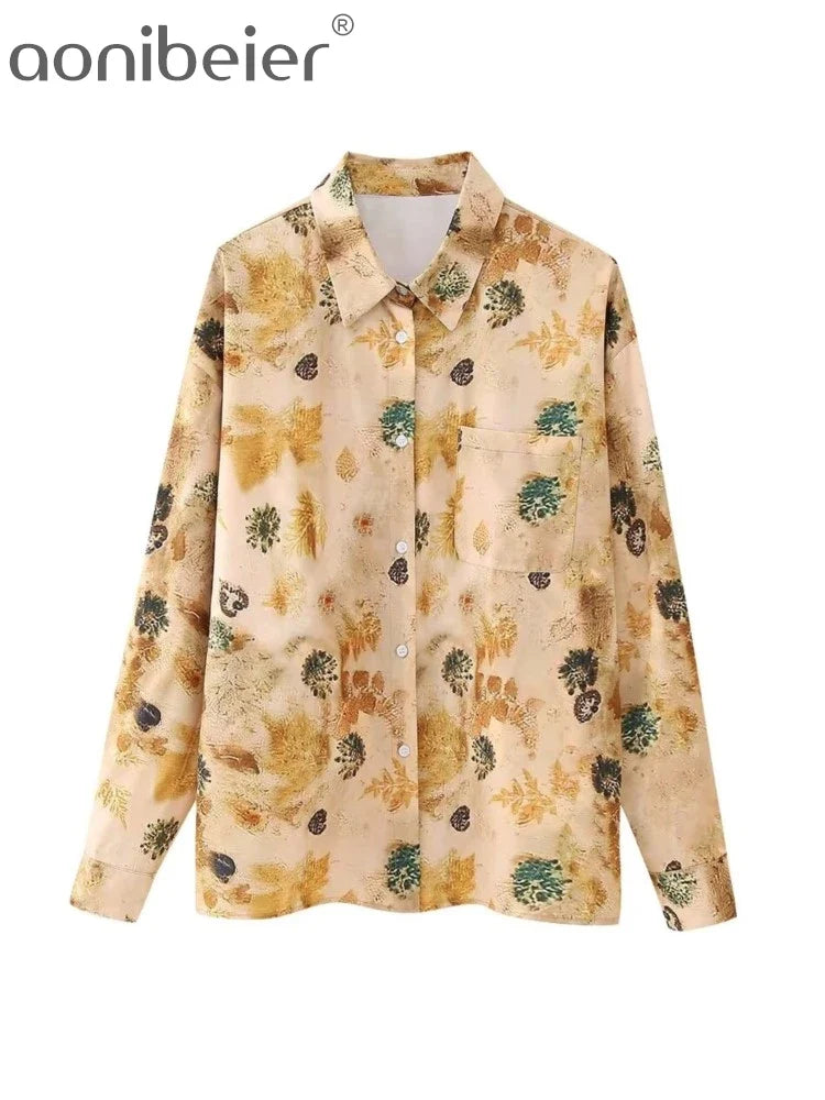 Aonibeier Women's Satin Printed Loose Shirt & Wide Pants Set - Y2K Summer Long Sleeve Casual Blouse Outfit for Women | Perfect for Office Wear, Date Night & Vacation Outfits