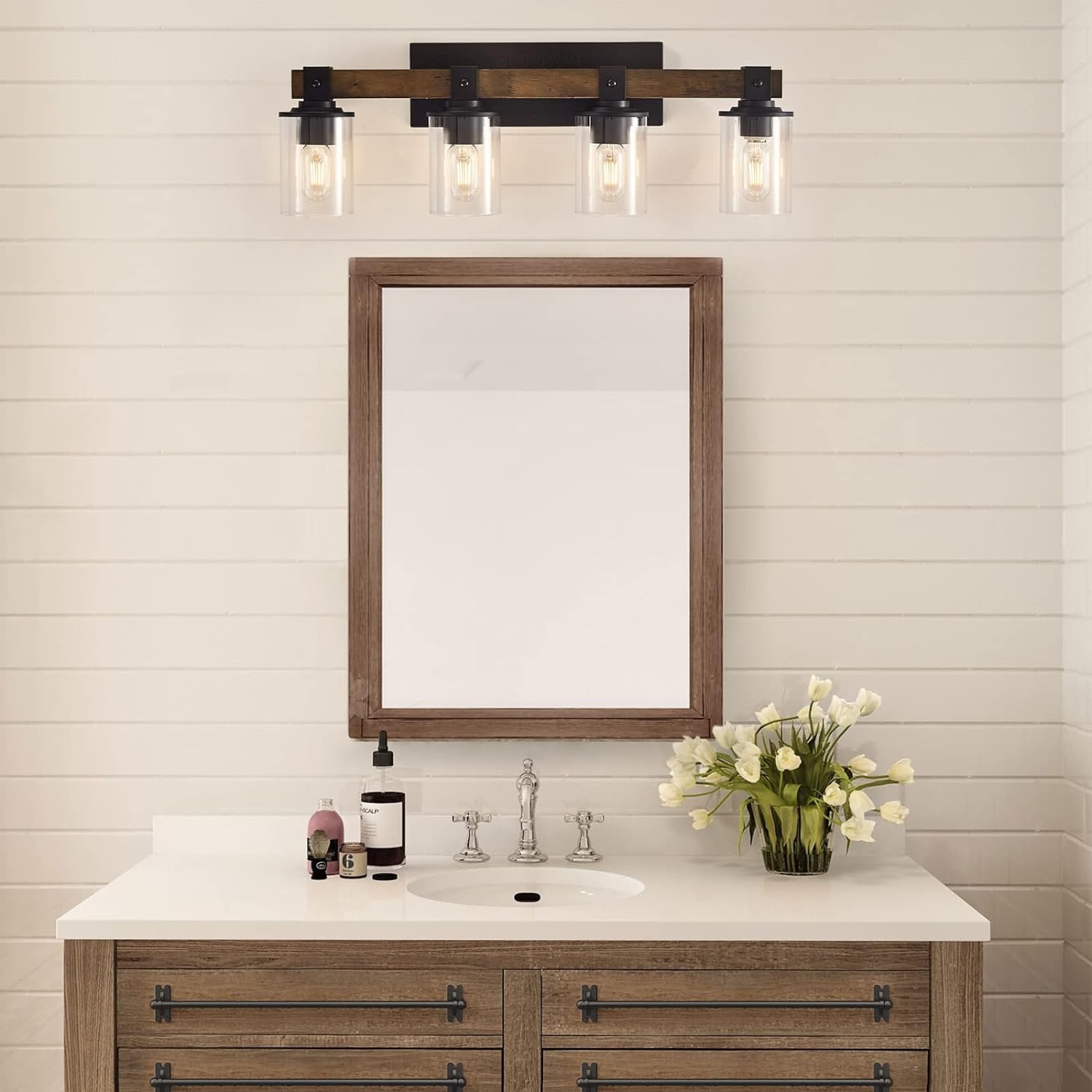 Farmhouse Bathroom Vanity Lights - DADUL 4-Light Rustic Wood Wall Sconce with Clear Glass Shade for Bathroom, Living Room & Kitchen | Industrial Style Lighting Fixture for Home Decor
