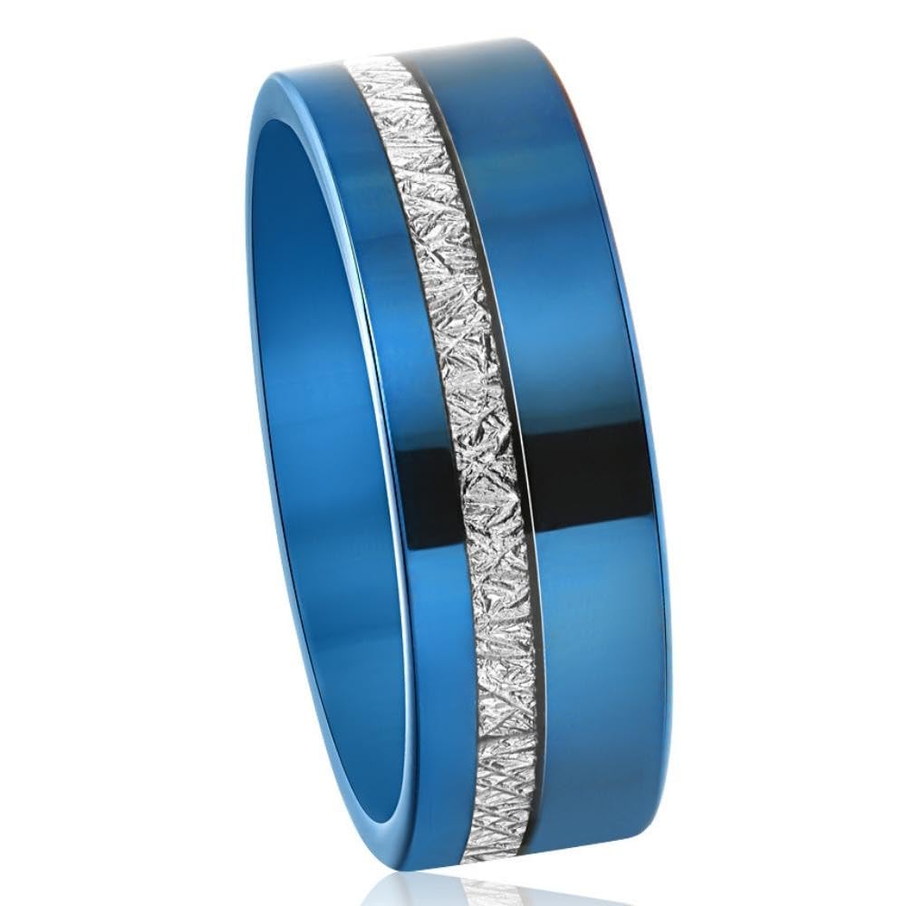 Men's Blue Tungsten Ring with Meteorite Inlay - 8mm Comfort Fit Wedding Band for Men - Durable & Hypoallergenic - Perfect for Engagement, Wedding, and Anniversary Gifts