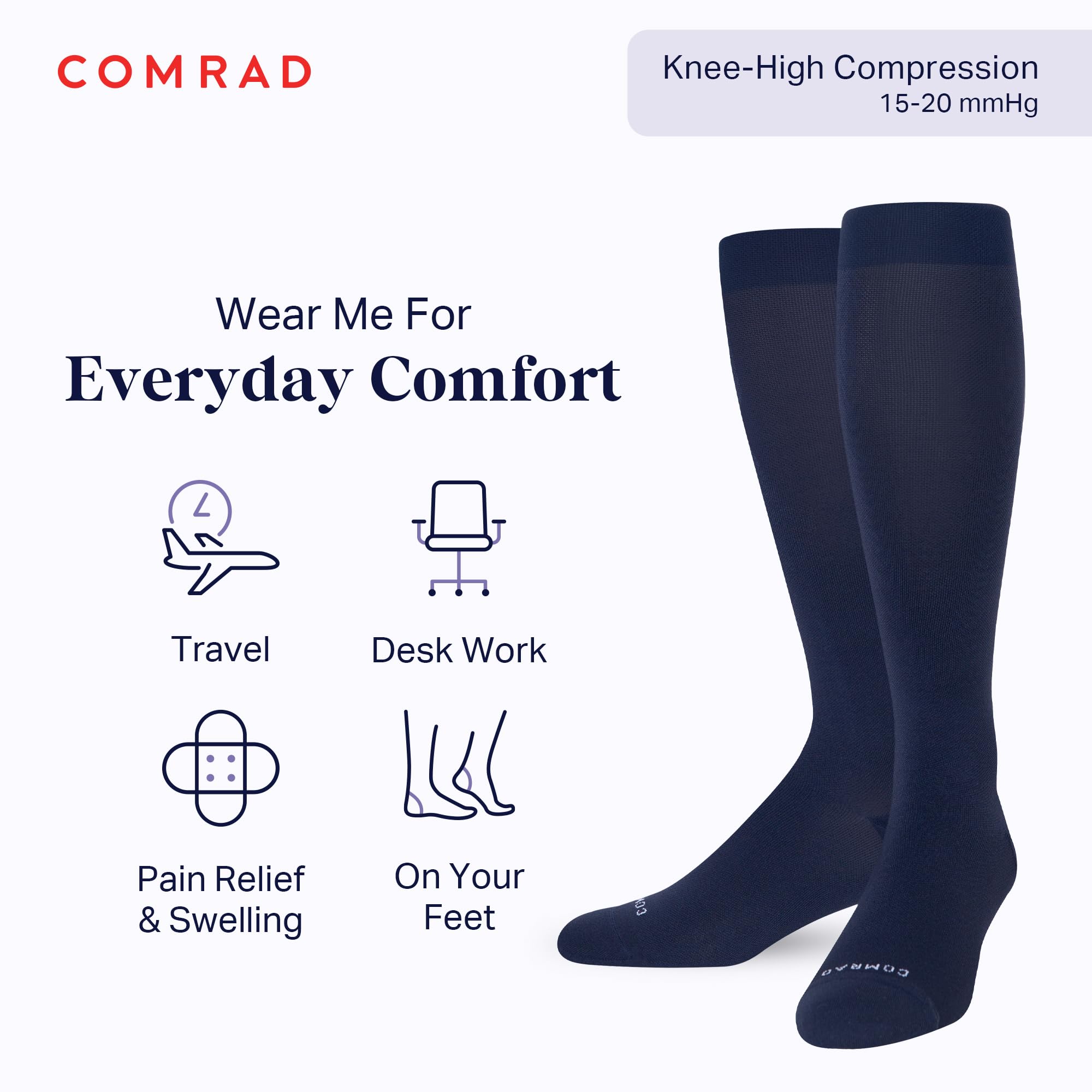 Comrad Nylon Knee High Compression Socks 15-20mmHg - Soft, Breathable Graduated Support Socks for Men & Women - Ideal for Running, Travel & Circulation Support