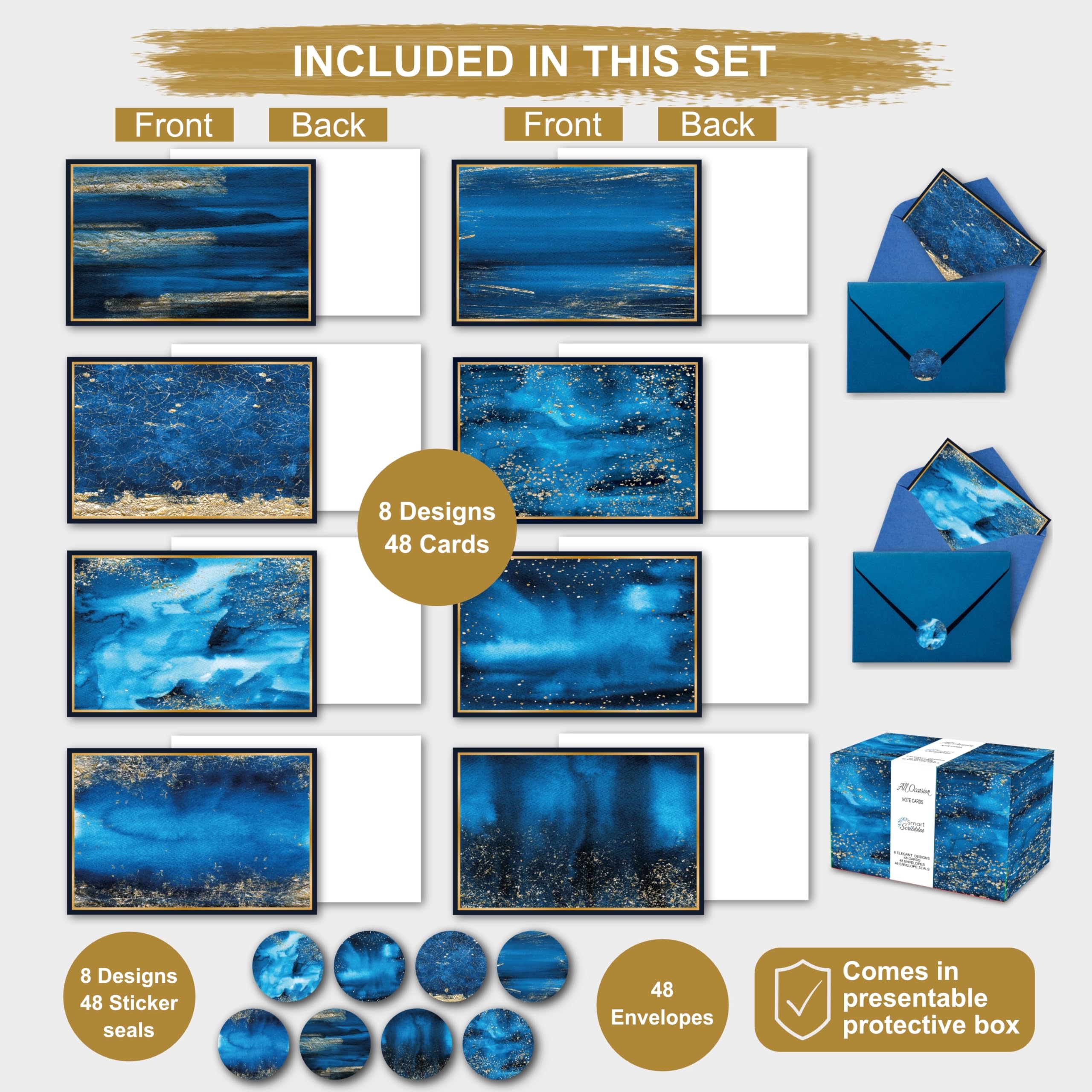 48-Pack Blank Greeting Cards with Envelopes - 4x6 Inch Assorted Sky Blue Design Cards for Birthday, Thank You, All Occasions | Includes 8 Unique Patterns & Matching Envelope Seals | Perfect for Handwritten Notes, Party Invitations, Wedding RSVPs & Thoughtful Gifts