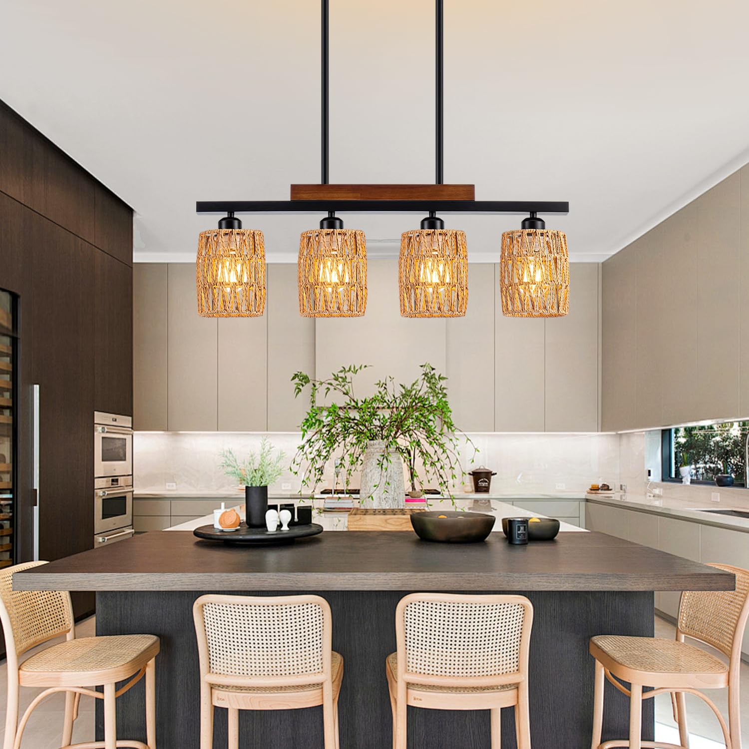 Rattan Farmhouse Chandelier - 4-Light Boho Dining Room Pendant Light with Adjustable Height, Rustic Wood & Matte Black Linear Chandelier for Kitchen Island, Dining Table | Perfect for Farmhouse Decor, Open Concept Kitchens & Cozy Breakfast Nooks