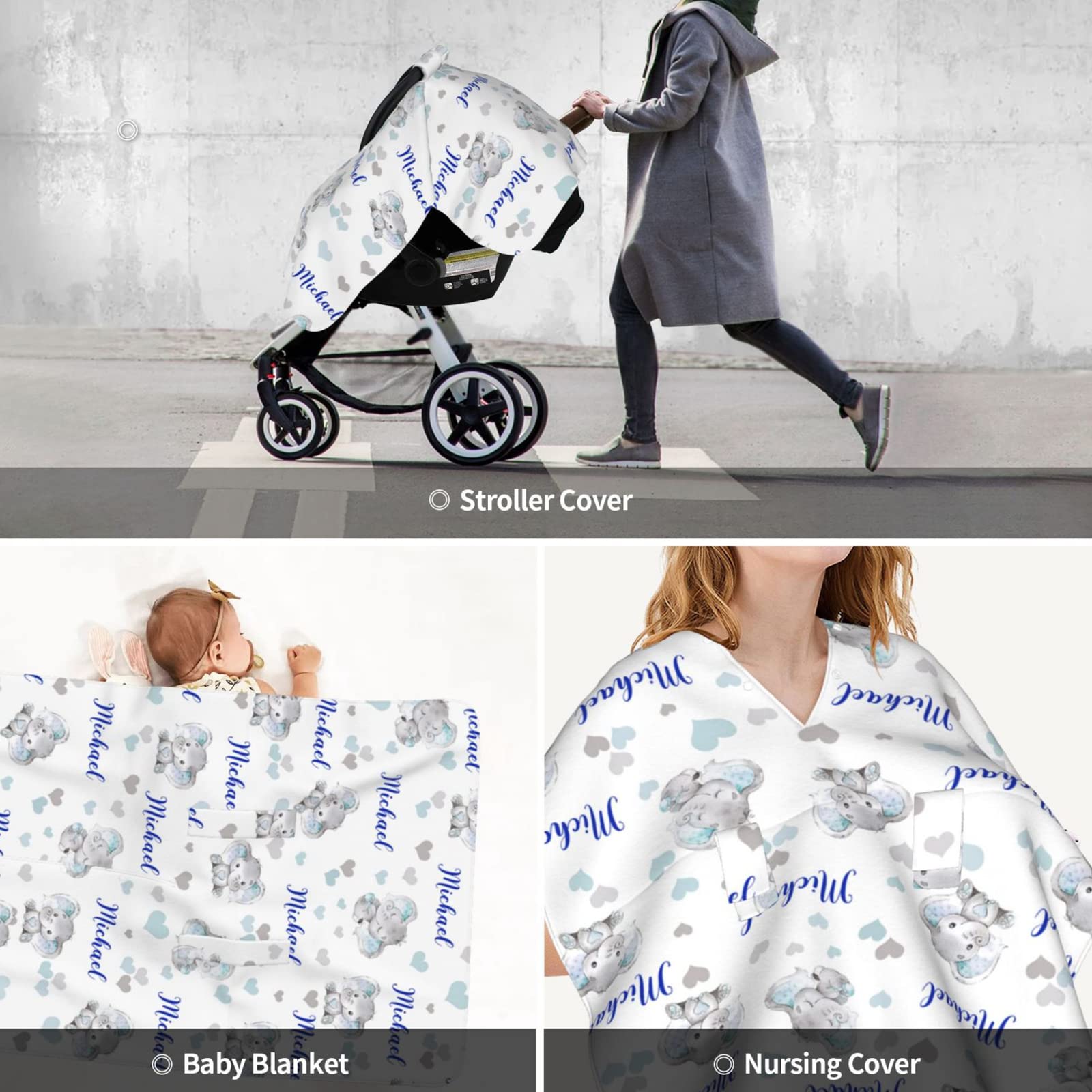 Personalized Elephant Baby Car Seat Canopy - Custom Name Stroller Cover for Boys & Girls - Soft Minky Nursing Blanket for Newborns (27.5