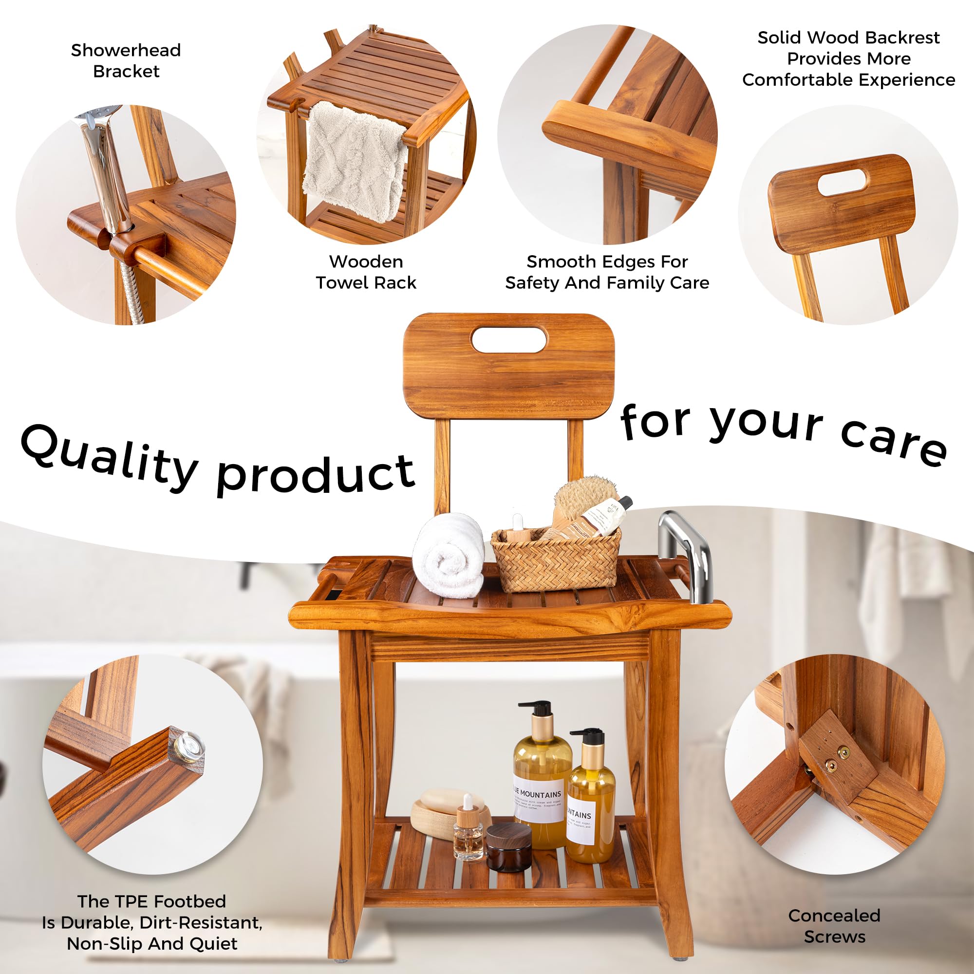 **Premium Teak Shower Bench with Backrest & Handles – 19