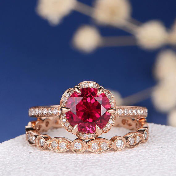 Rose Gold Bridal Set with Lab Ruby Engagement Ring & Floral Art Deco Wedding Band - Vintage Eternity Diamond Stackable Ring for Women - Perfect for Anniversary, Birthstone Jewelry & Bridal Stacking Rings