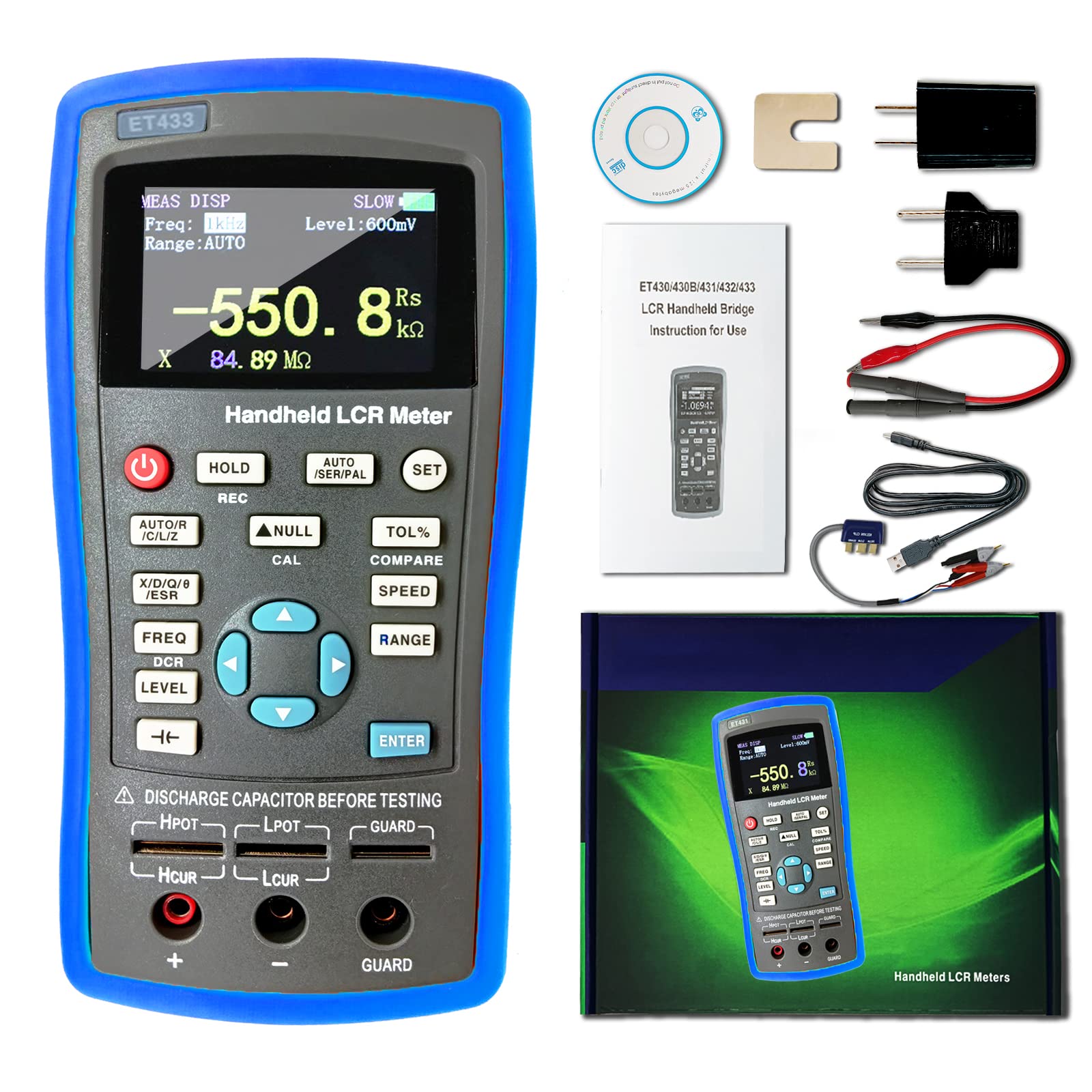 High Accuracy 0.2% LCR Meter - Handheld Digital Bridge with TFT Display, Capacitance Tester, Portable Inductance Multimeter, Rechargeable Resistance & Transistor Tester ET433 - Perfect for Electronics Repair, Lab Testing & DIY Projects