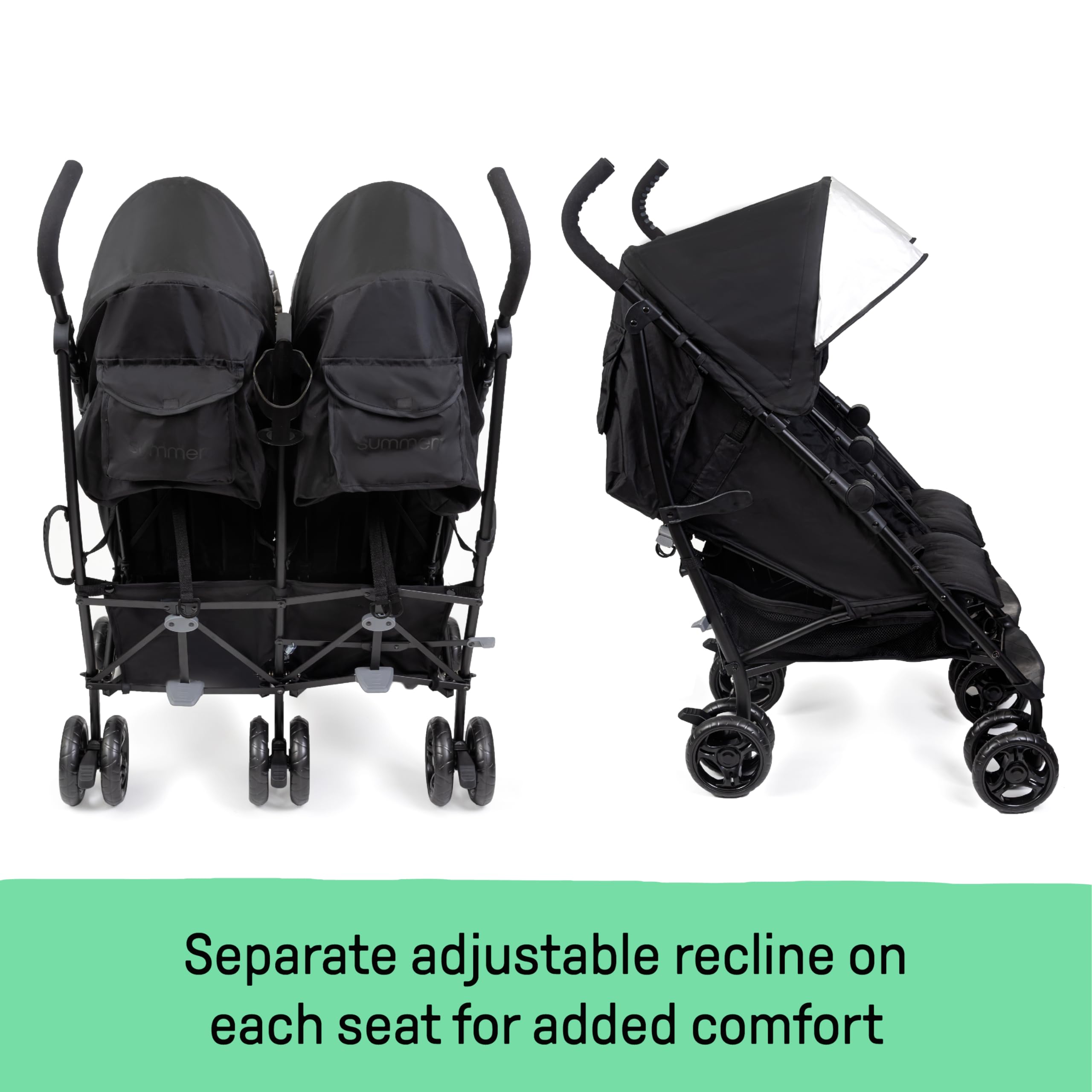 Summer Infant 3Dlite Compact Side by Side Double Stroller - Lightweight Foldable Baby Stroller with 5-Point Safety Harness for Twins or Siblings (Black) | Perfect for Travel, Shopping & Daily Walks with Two Kids