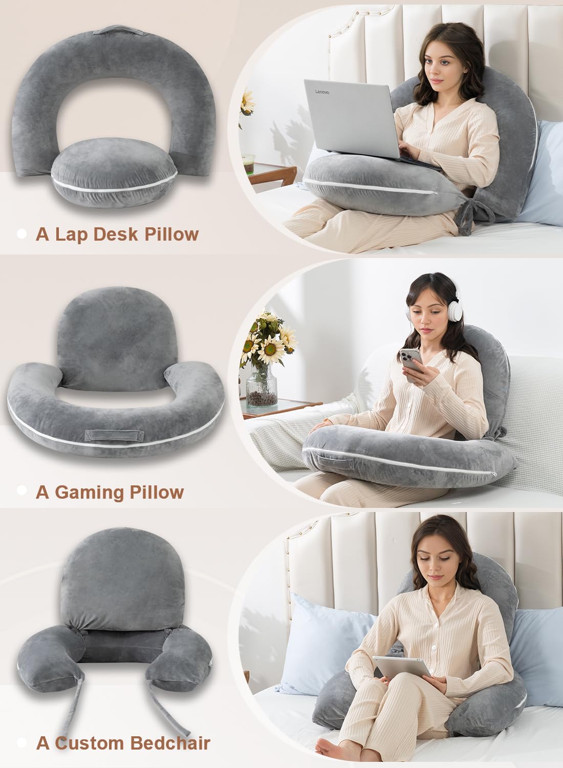 **INSEN Reading Pillow for Gaming & Relaxing - Soft Velvet Back Support Pillow for Sitting in Bed, Lap Desk, Reading & Working - Grey - Perfect for Cozy Evenings, Study Sessions & Movie Nights**