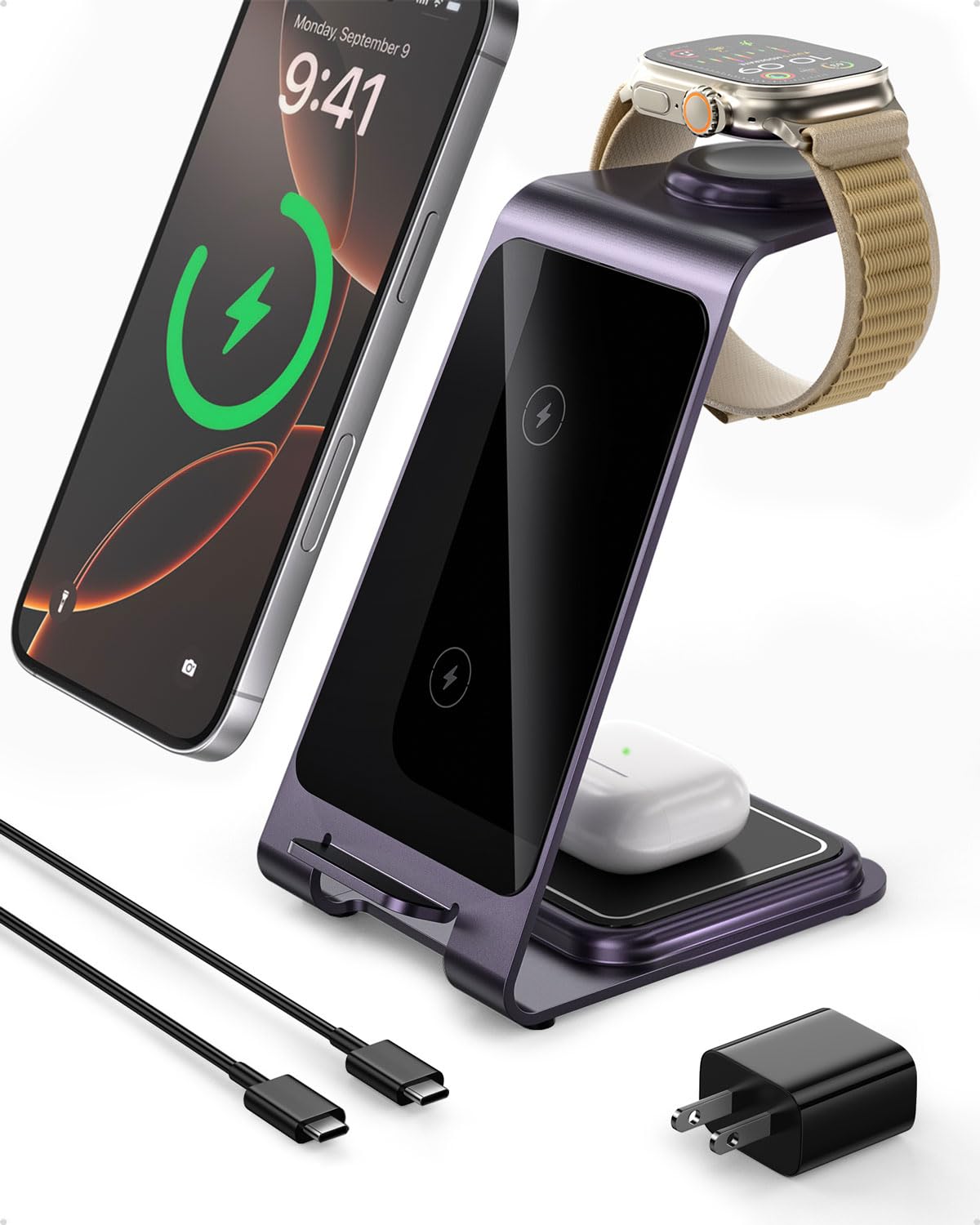 3-in-1 Wireless Charging Station for iPhone 16 Pro/16/16 Pro Max/15 Pro/15/15 Pro Max, Apple Watch 10/Ultra 3/SE/9/8/7/6/5/4/3/2 & AirPods 4/Pro/Pro 2/3 - Fast Charging Stand for Bedroom, Office & Travel (Jewel Purple)