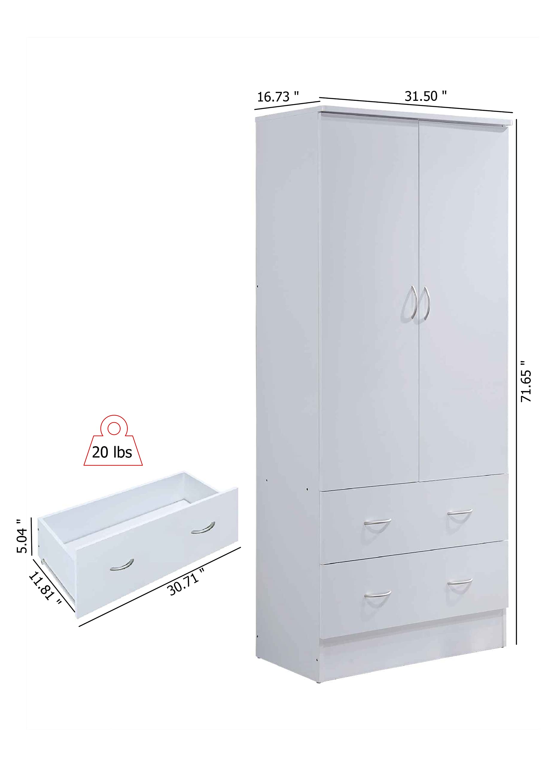 HODEDAH 2 Door Wood Wardrobe Closet with Hanging Rod & 2 Storage Drawers - White | Freestanding Bedroom Cabinet for Clothes Organization & Home Storage