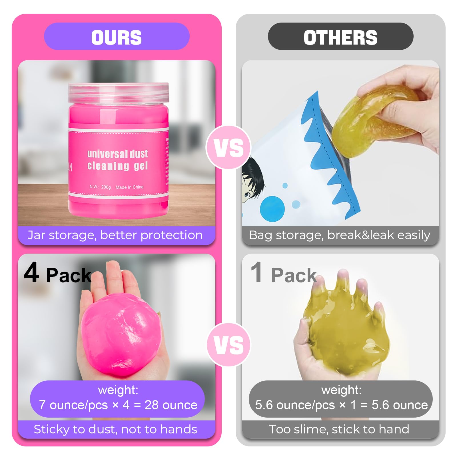 4 Pack Pink Car Cleaning Gel Putty - Universal Auto Detailing Slime for Air Vents, Dashboard & Keyboard | Car Interior Cleaning Kit for Women | Perfect for Car Detailing, Home & Office Cleaning