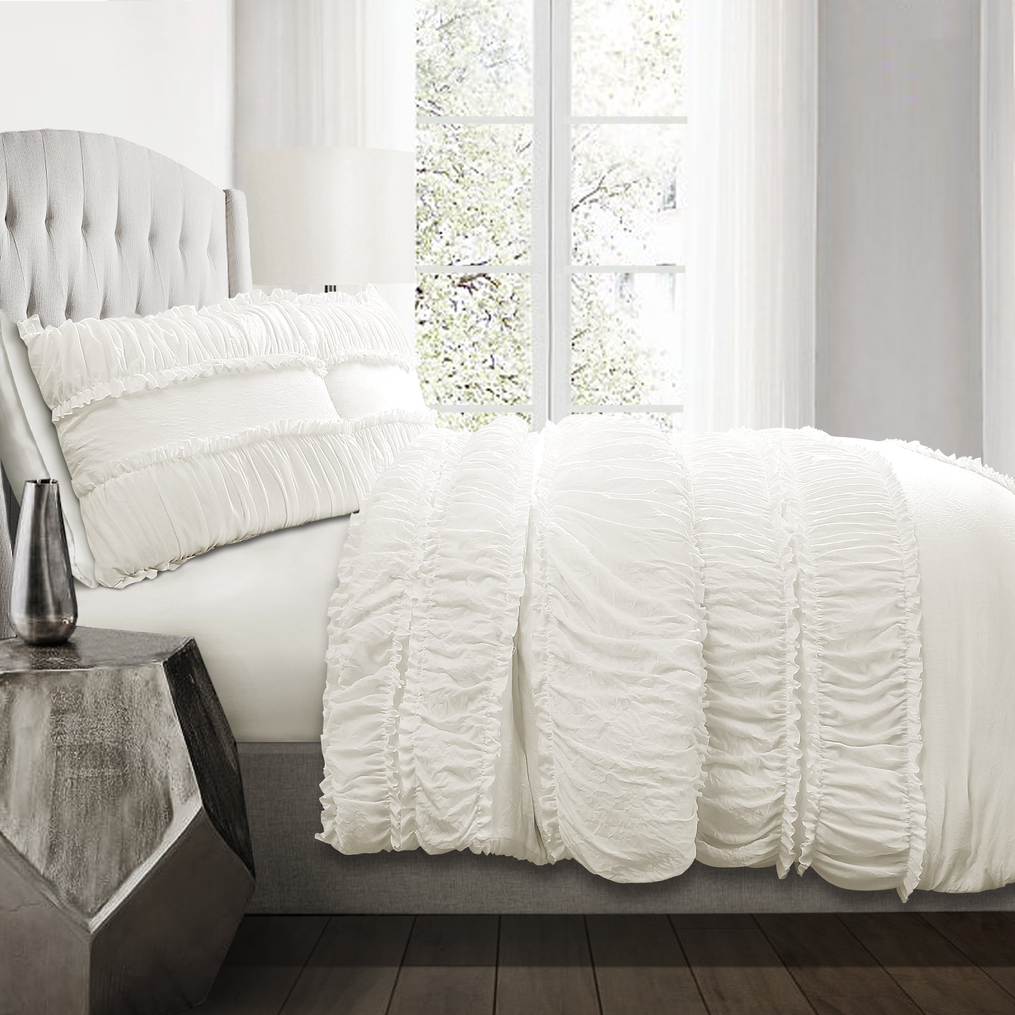 Lush Decor Nova Comforter Set - 3 Piece Ruffled Shabby Chic Farmhouse Bedding with Ruched Details, Full/Queen Size, White - Perfect for Master Bedroom, Guest Room & Cozy Farmhouse Decor