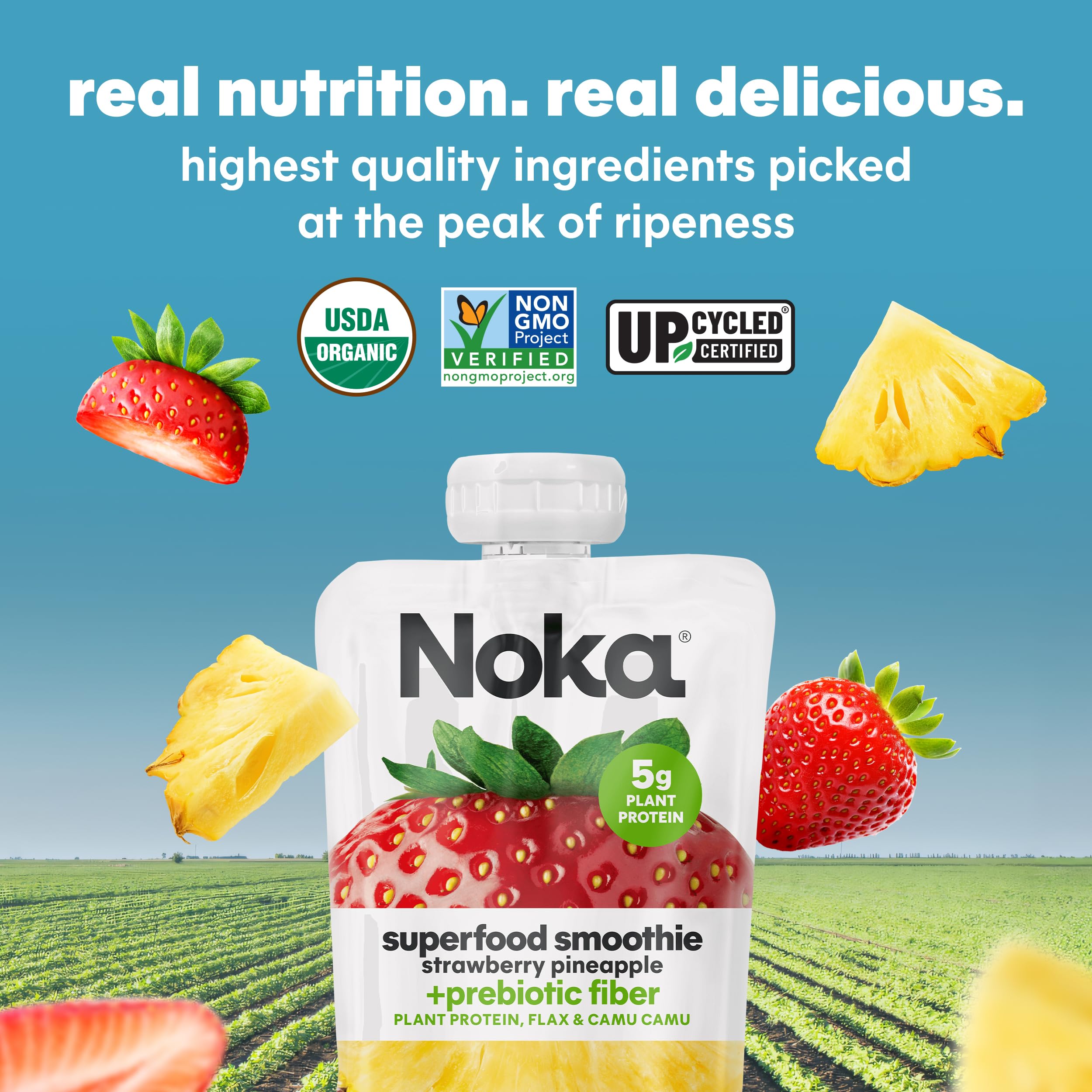 Noka Superfood Fruit Smoothie Pouches Variety Pack - Healthy Vegan Snacks with Flax Seed, Plant Protein & Prebiotic Fiber | Gluten-Free, Organic Squeeze Pouch (4.22 oz, 12 Count) | Perfect for On-the-Go Nutrition, Kids Lunchboxes & Post-Workout Recovery